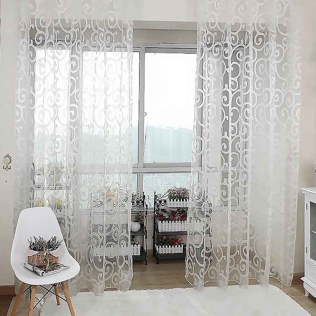KBOLAE New Floral Tulle Voile Door Scarf Valances Drape Sheer Window Curtains, White