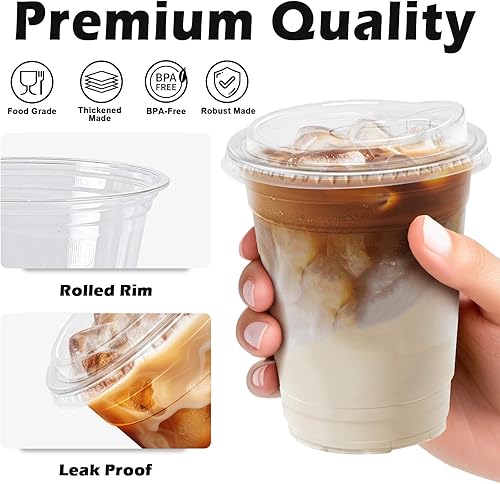 Miniatura 4 de Paquete de 50 vasos de plástico transparente de 12 onzas con tapas, tazas de café helado resistentes con tapas para sorbos, vasos desechables