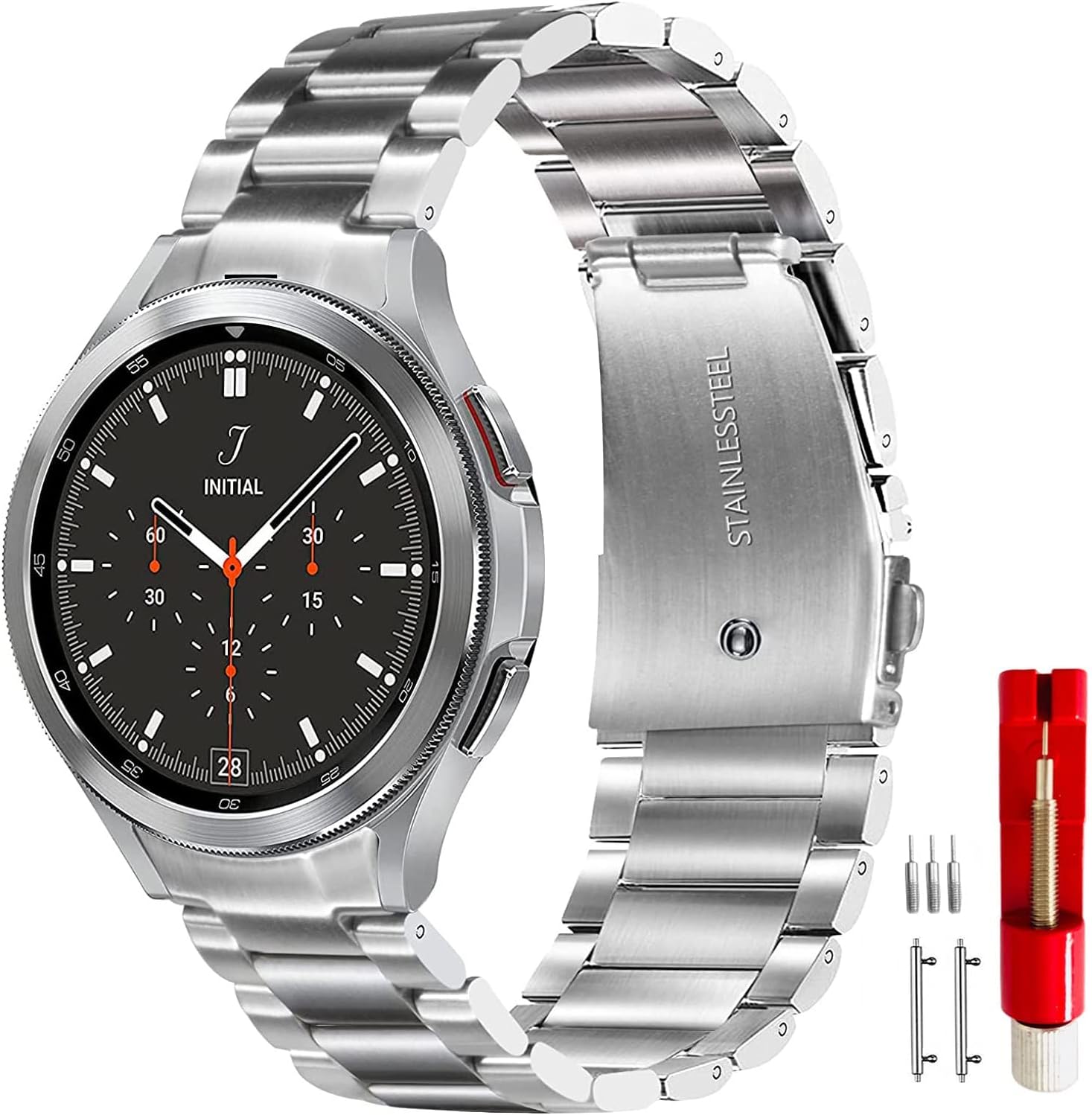 Bonace Strap For Samsung Galaxy Watch 5 Pro 45mm/5/4 40/44mm/Classic 42/46mm, 20mm Metal Replacement Strap Watch 4 Stainless Steel Strap For Galaxy Watch 4, Watch Strap For Unisex (Silver)