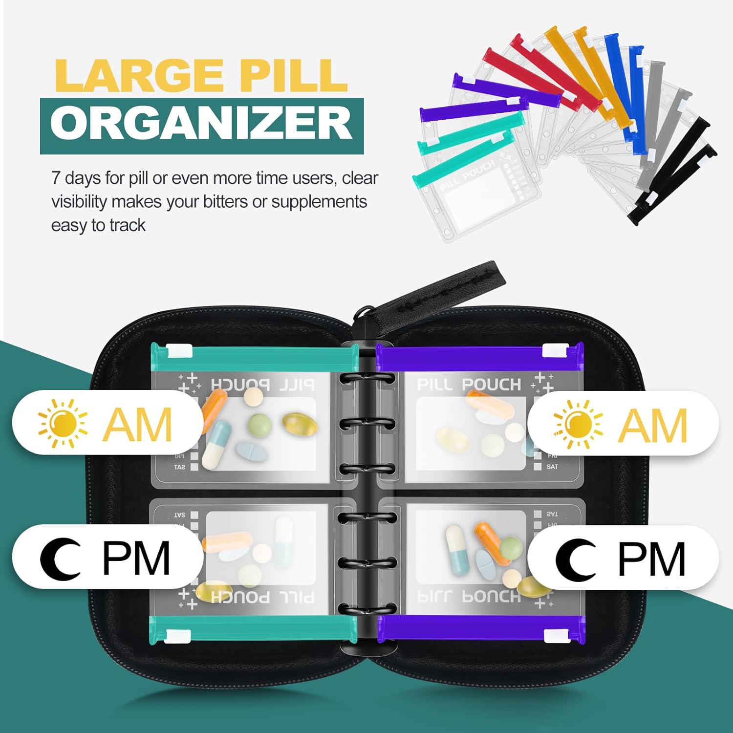 A7 Waterproof Pill Organizer with 14 S Zippered Pill Pouches for A7 Binder, Small BPA-Free Weekly Medicine Organizer, Color-Coded Reusable Travel Pill Storage System - Image 5