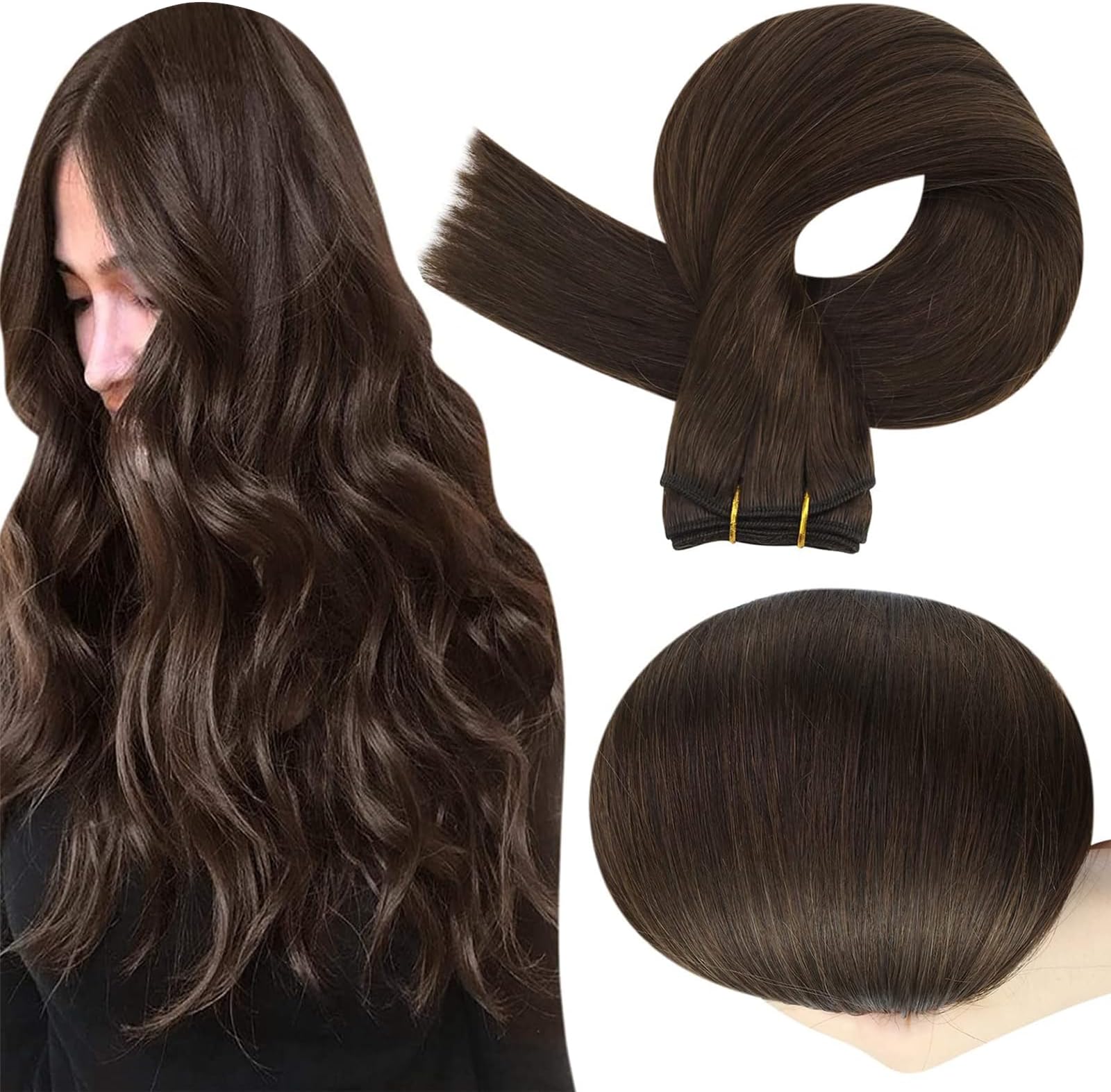 Full Shine Sew In Hair Extensions Real Human Hair 22 Inch Weft Extensions Real Remy Hair Color 2 Dark Brown Double Weft Full Head Straight Hair Weaves 105 Grams Hair Weft Bundles Straight Hair
