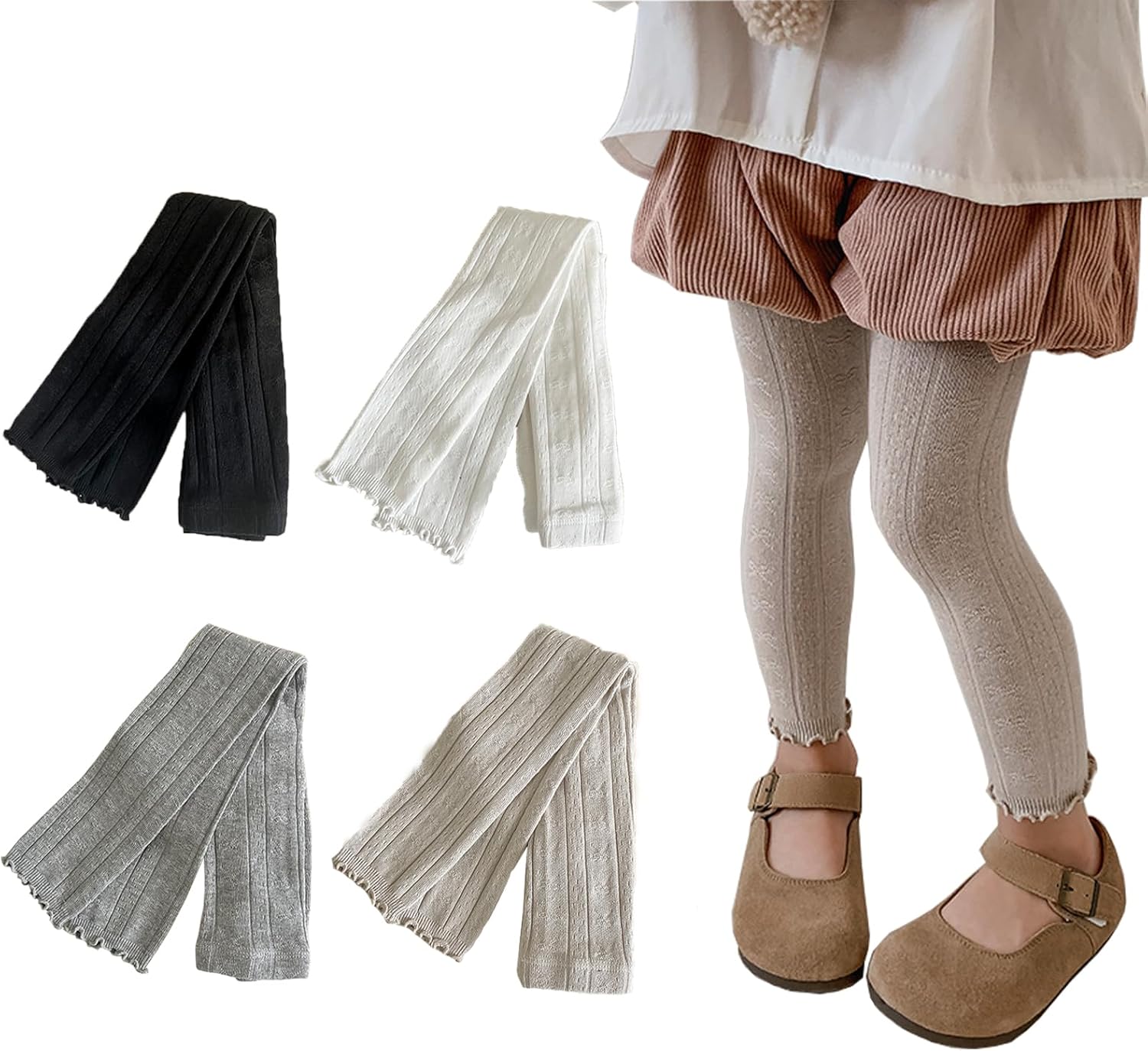 Meeshine 4 Pack Baby Girls Footless Tights Toddler Cable Knit Ankle Bow Leggings Cotton Solid Pantyhose Stocking 1-6T Kids