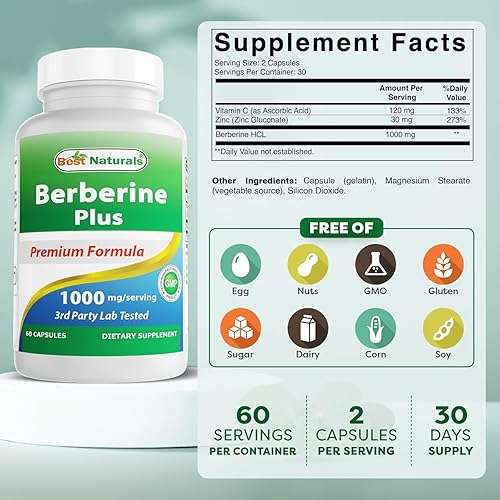 Miniatura 2 de Best Naturals Berberina Plus 1000 mg por porción, (sin OGM), 60 cápsulas  Contiene berberina HCL 1000 mg, vitamina C 120 mg y gluconato de zinc 30 mg