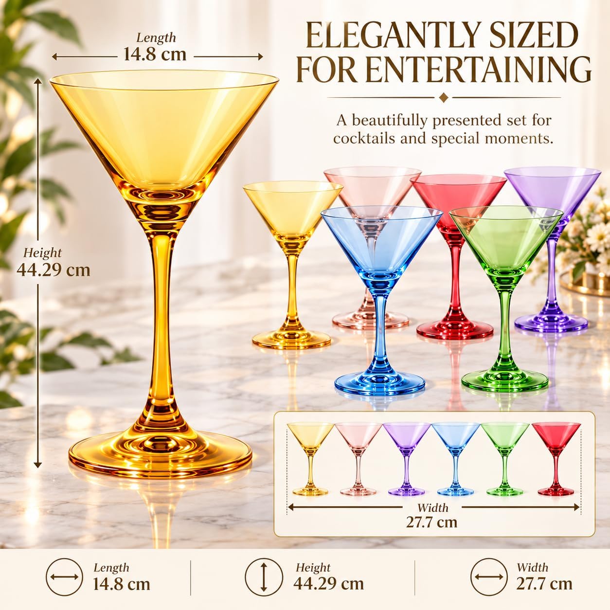 Martini Glasses Set of 6, 8oz, Crystal Luxury Martini Glass - Goblets & Chalices Elegant Colors, Hand-Blown, Art Deco Cocktail Colored Coupes For Manhattan, Cosmopolitan, Sidecar, Stemmed Color