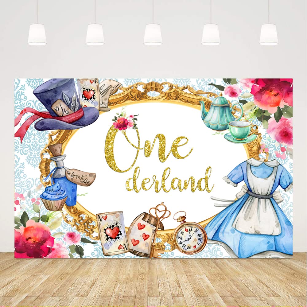 Ticuenicoa Tea Party Onederland Backdrop for Girl First 1st Birthday Tea Wonderland Photography Background 1st Bday Party Decor Supplies Cake Table