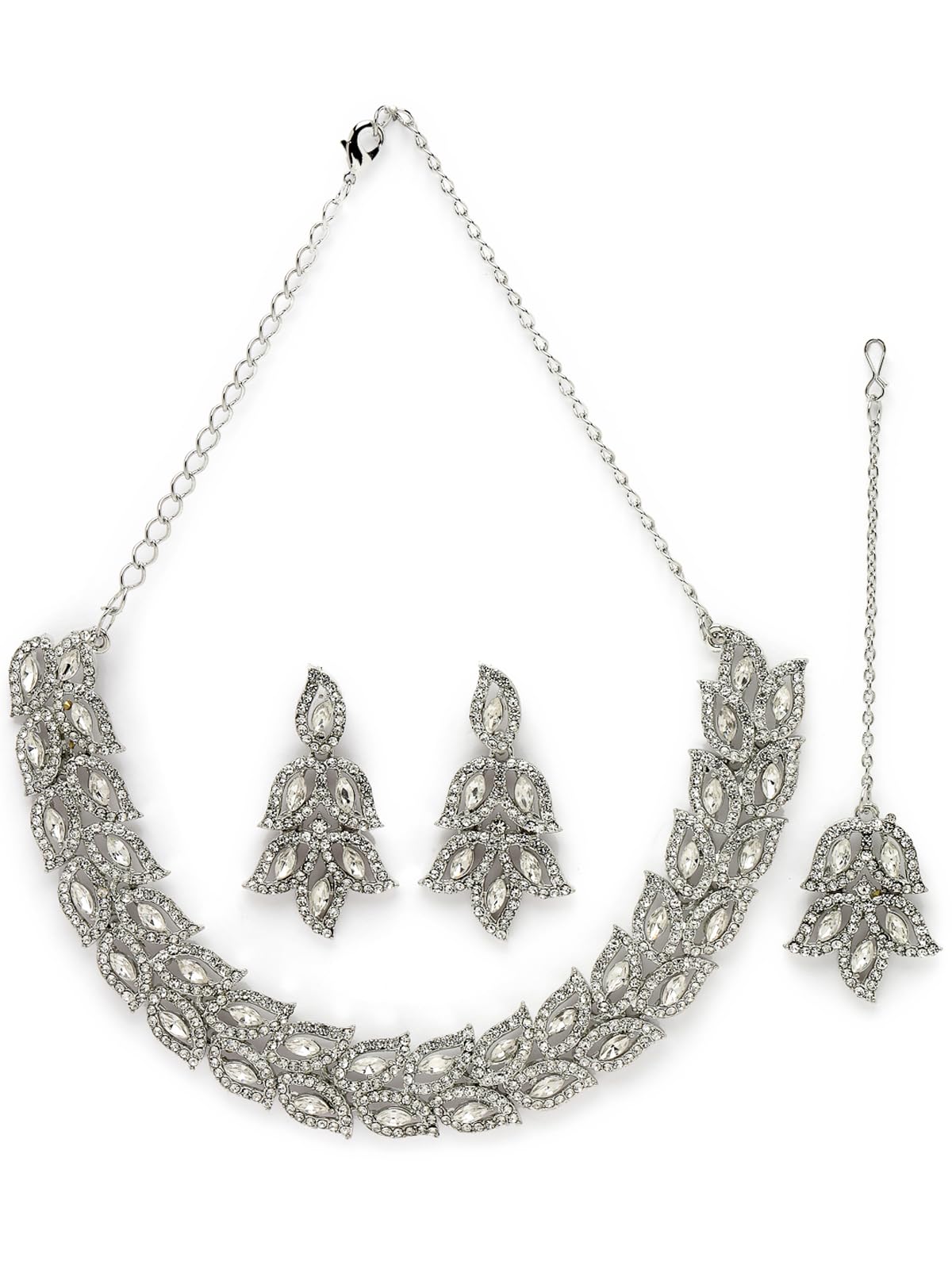 Sukkhi Fusion Rhodium Plated Silver AD White Stone Collar Bone Necklace Set With Earring And Maangtika | Jewellery Set For Women (NS105646) (B0CBBBD38Z) Amazon Price History, Amazon Price Tracker