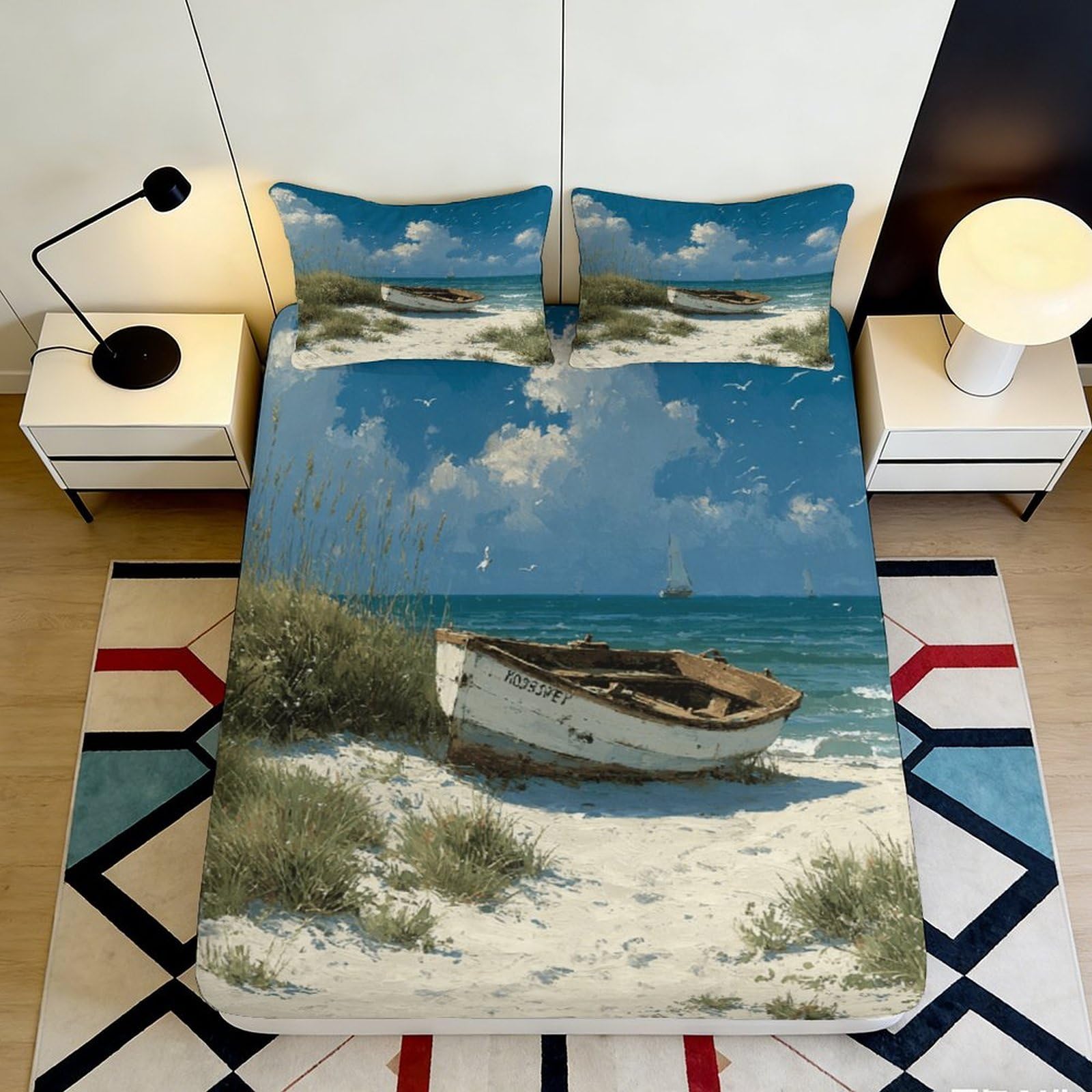 3D Printed Seaside Beach Fitted Sheet Microfiber Soft Breathable Boat Ocean Mattress Cover for Bedroom Decor 90x200x25cm