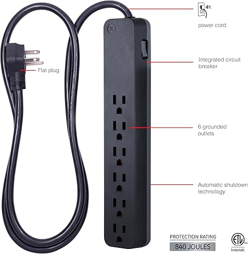 Miniatura 2 de GE Pro Multicontacto con protector contra sobretensiones de 6 tomas, extensión de 4 pies, 840 julios, regleta de enchufes, enchufe plano,