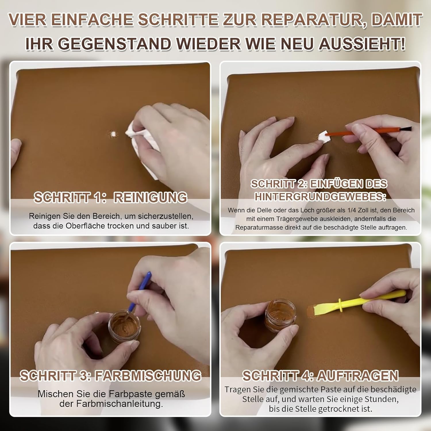 Leder Reparatur Set 10 Farben Flüssigleder Für Möbel, Sofas,Autositze & Jacken,Vinyl Kunstleder Reparatur Set Repariert Lederfarbe Risse, Löcher, Kratzer & Abblätterungen