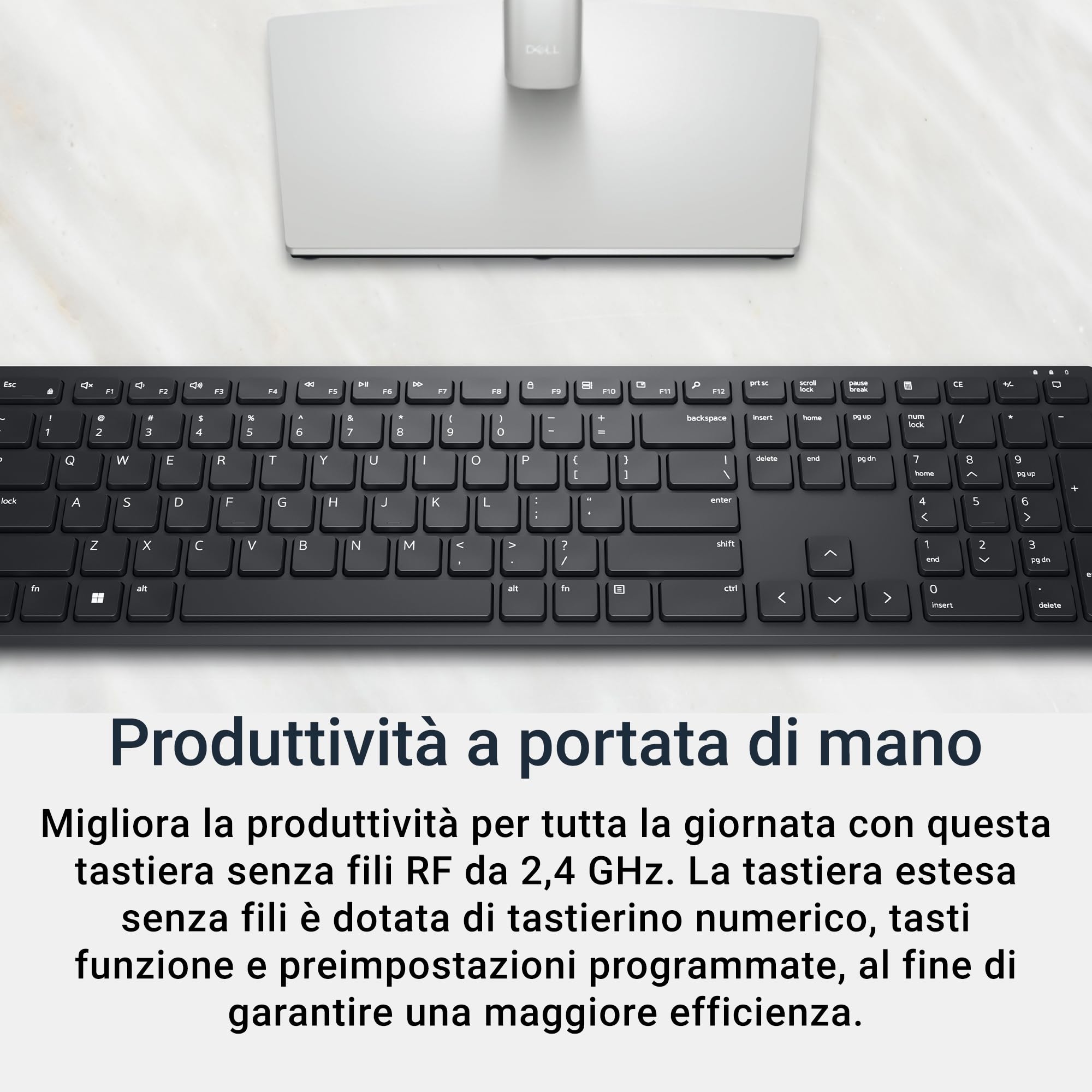 Dell Pro Tastiera wireless KB500, 12 tasti programmabili, AES-128 | RF 2,4 GHz, Batterie AAA, autonomia 36 mesi, design ergonomico, digitazione silenziosa, Ricevitore USB, Pronta per ufficio