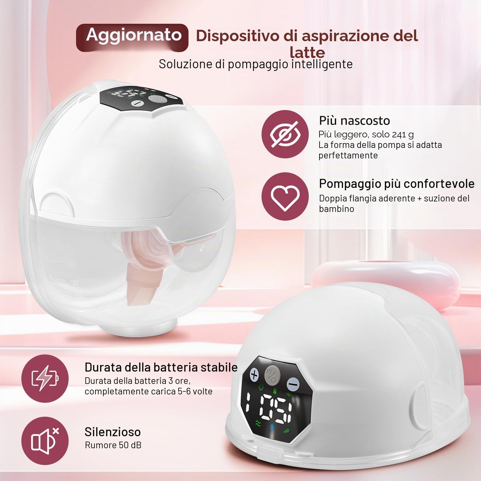 Tiralatte Elettrico Indossabile a Mani Libere, 5 Modalità e 15 Livelli di Aspirazione, Silenzioso <45 dB, tiralatte elettrico portatile con Batteria Ricaricabile USB-C per Casa, Viaggio, Senza BPA