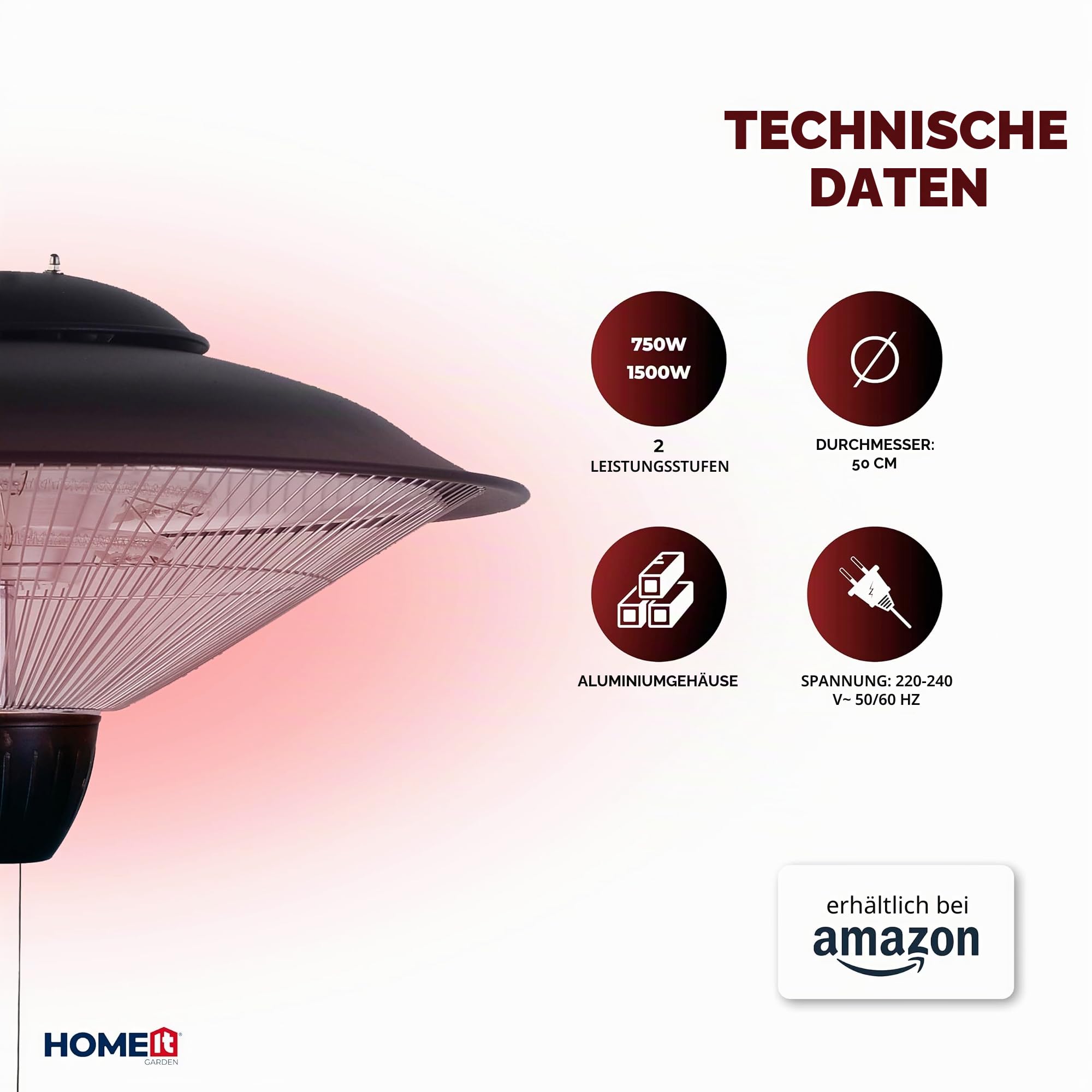 HOME It® Hängender Infrarot-Terrassenheizer – 2 Halogenröhren, 750/1500W, Schnurzugsteuerung, IP34 Spritzwassergeschützt, Aluminiumgehäuse, 500mm Durchmesser, Schwarz