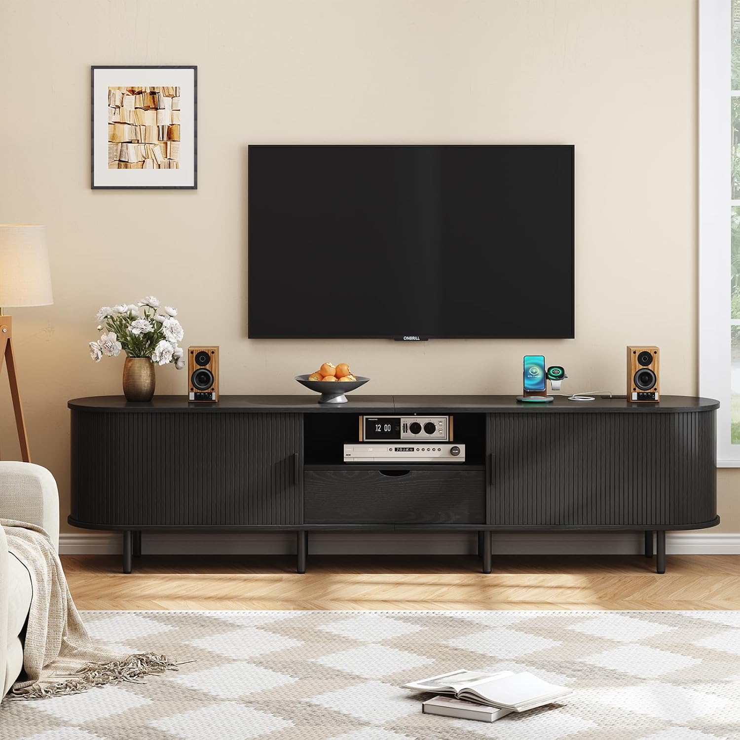 ONBRILL 86.6" TV Stand with Power Outlet for TVs up to 90", Entertainment Center with Storage and Drawer, TV Console with Adjustable Shelves and Sliding Door, TV Stand for Living Room, Bedroom, Black