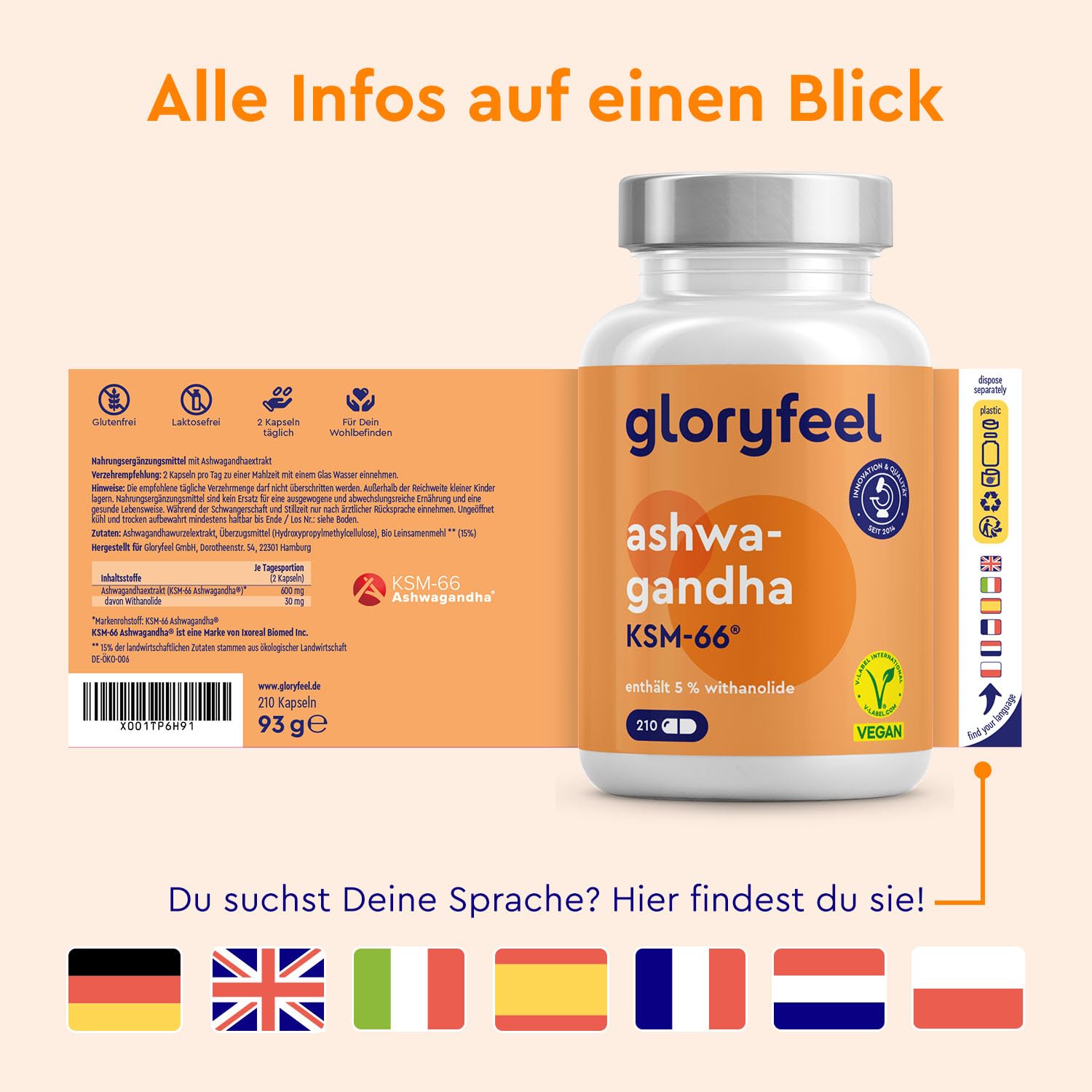Ashwagandha KSM-66® - 210 Kapseln - 7.200mg reines Ashwagandha aus 600mg Extrakt (12:1) pro Tag - Vegan, laborgeprüft, ohne Zusätze in Deutschland hergestellt