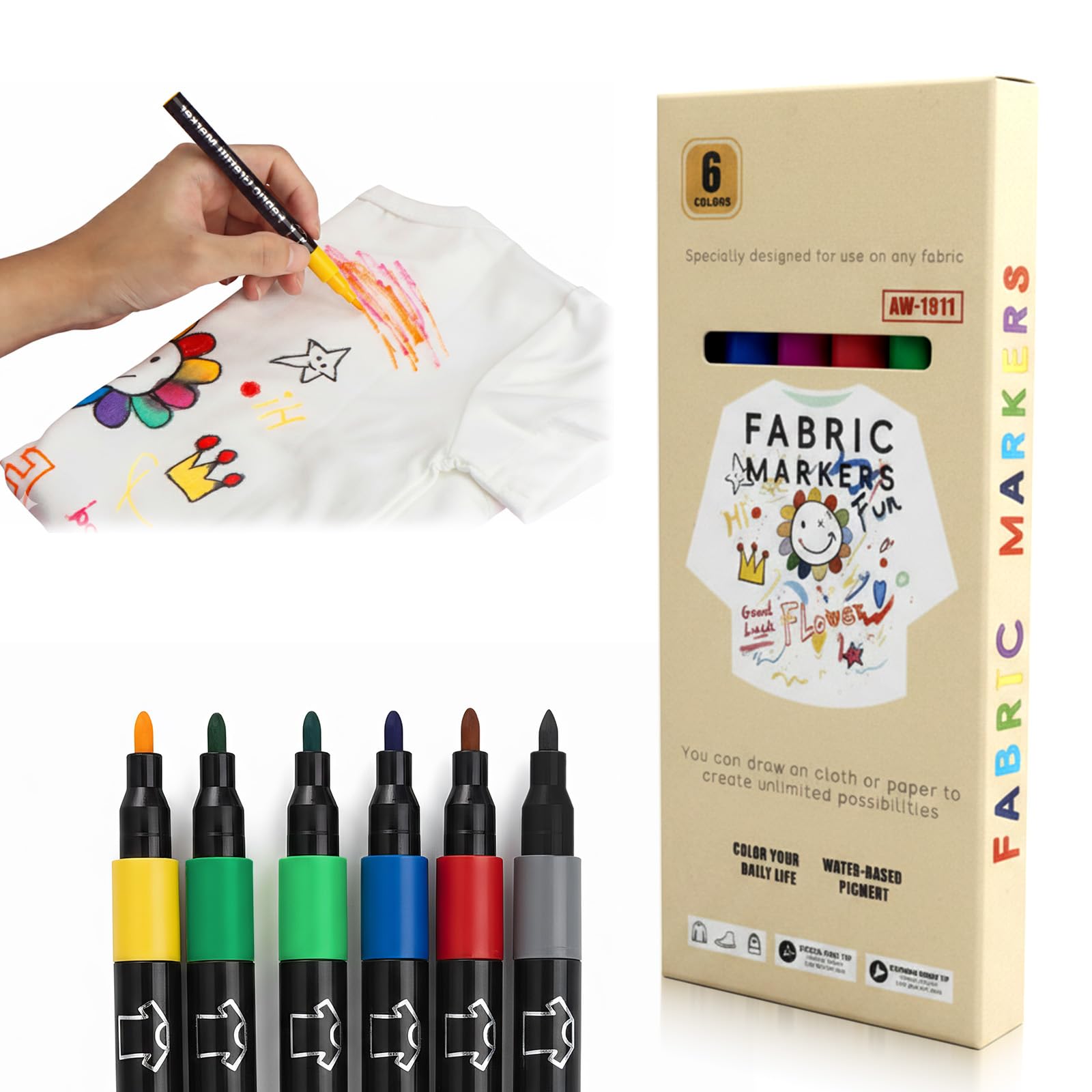 Pack 6 Rotuladores Textiles Permanentes, Pintura Tela Lavable para Camisetas Zapatos, Tinte Ropa y Colores Vivos para Niños Adultos Proyectos DIY
