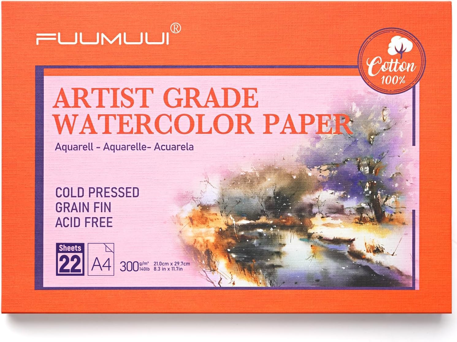 Fuumuui Papel Acuarela A4-100% algodón, 22 Hojas de 300 g/m², Sin ácidos, Prensado en frío, Bloc de 4 Caras encolad, Bloc Acuarela | Papel de Acuarela para Acuarela y Dibujo, Watercolor Paper