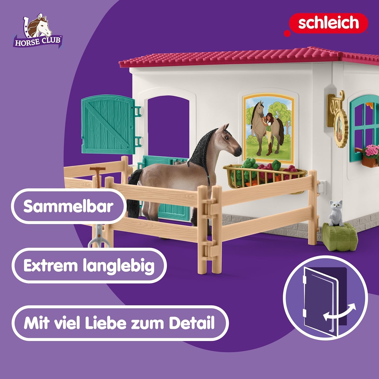 Schleich Horse Club | Sattelkammer 42591 | ab 5 Jahre | 85 Teile | Spielset inkl. Pferdefigur, beweglicher Mädchenfigur, Paddock und viel Pferde Zubehör | tolles Geschenk für Kinder