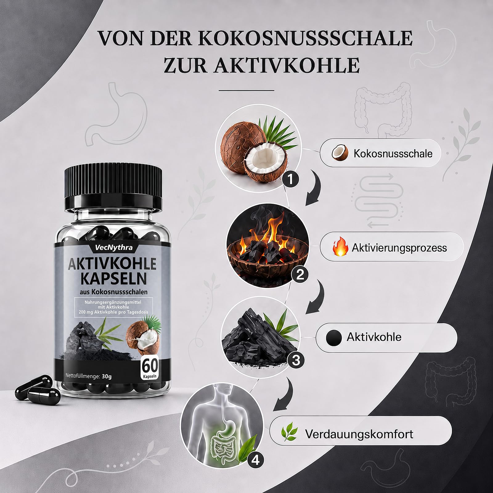 Aktivkohle Kapseln aus Kokosnussschalen, 200 mg Aktivkohle, 60 Kapseln
