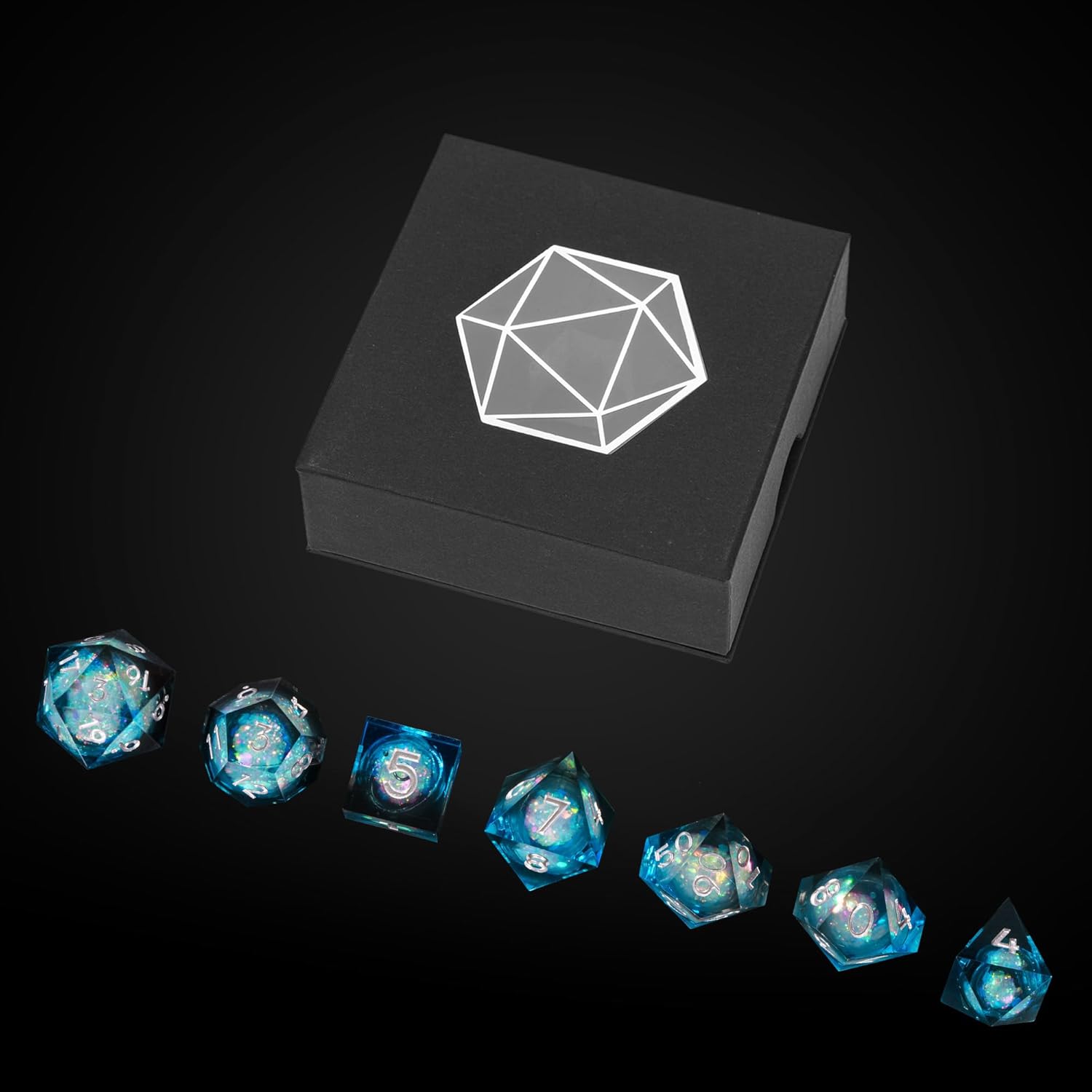 7PCS DND Dice Set,Liquid Core Sharp Edge Dice Set D&D RPG Polyhedral Die,for Dungeons and Dragons Games Roleplaying Games Pathfinder,with Gift Box(Liquid Core-Blue with Black)