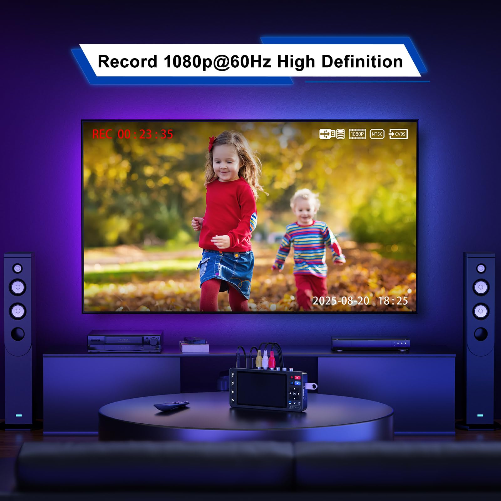 PORTTA Convertitore VHS a digitale con schermo HD da 5", registratore di acquisizione video, converte in MP4 compatibile con VHS, VCR, DVR, DVD, Hi8, videocamere (nastri/lettore DVD non inclusi)