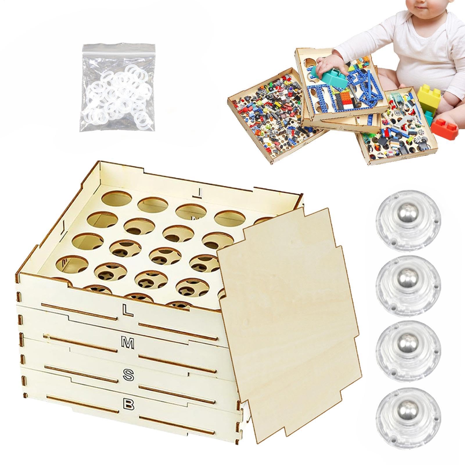Genérico Wooden Building Bricks Sorter - Four Tray Storage Organizer Box