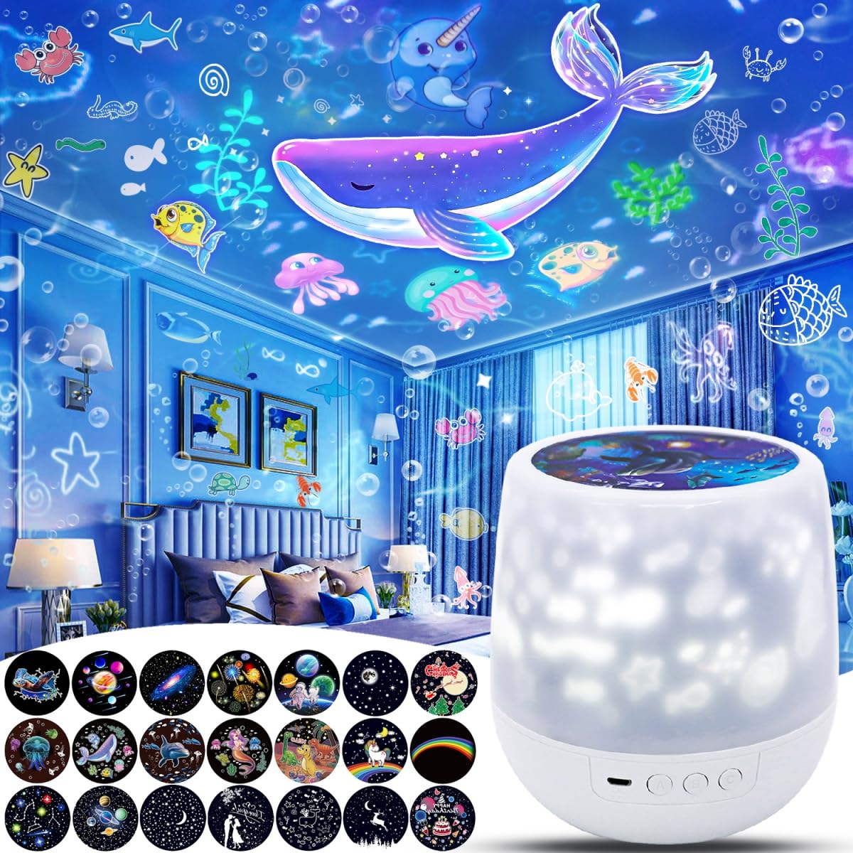 21 Sets Filme, Projektor Nachtlicht für Kinder Schlafzimmer, Decke, Stern-Galaxie-Projektor, Baby-Nachtlicht-Projektor, Lichtprojektor für Kinder Mädchen mit 360° Drehung, Weihnachten, Kinderzimmer