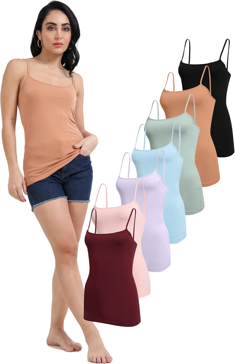 TREDECIM Women's Basic Organic Cotton Stretch Camisole Tank top, Non-Adjustable Spaghetti Strap Undershirts Pack of 7