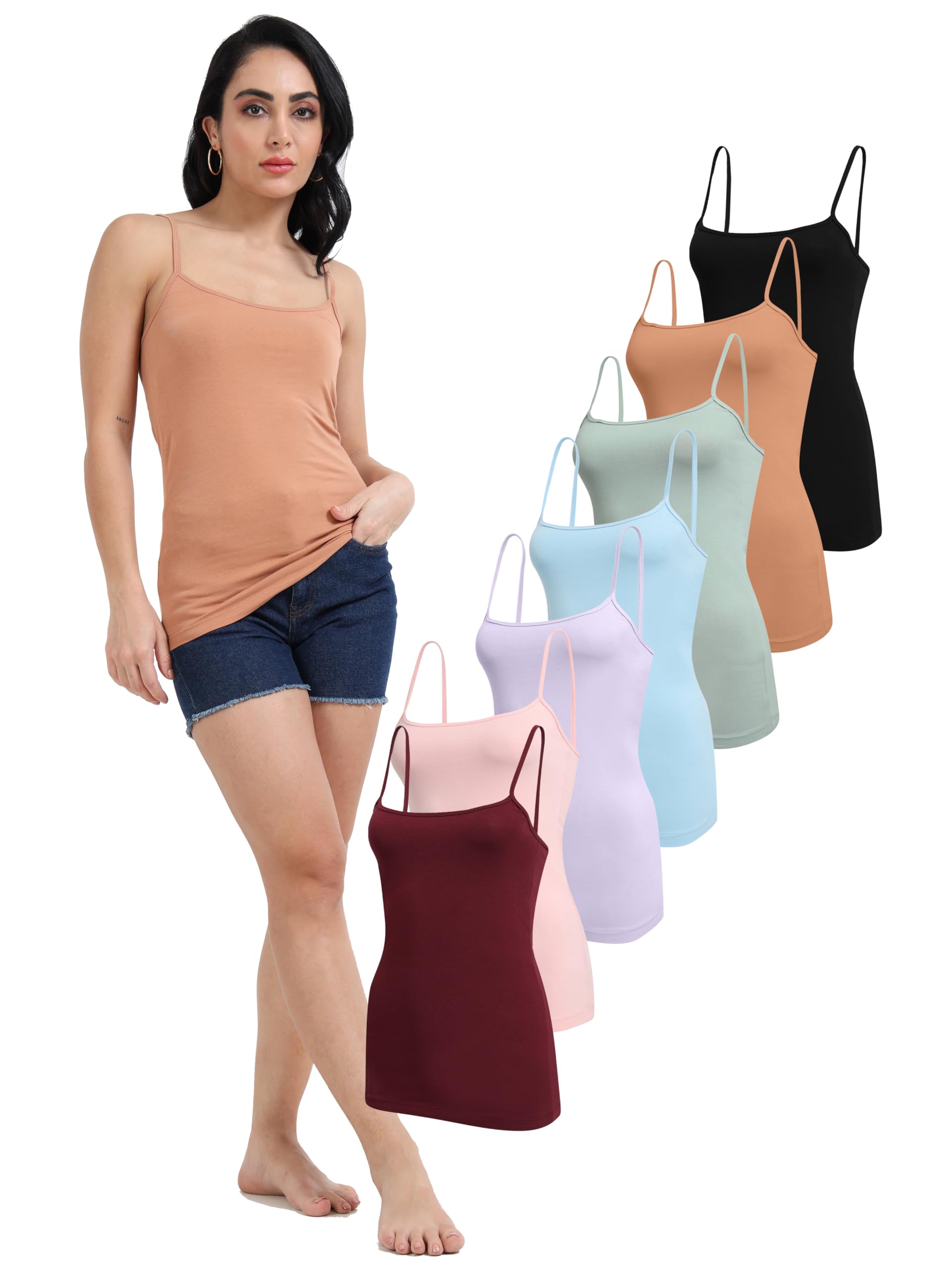 TREDECIM Women's Basic Organic Cotton Stretch Camisole Tank top, Non-Adjustable Spaghetti Strap Undershirts Pack of 7