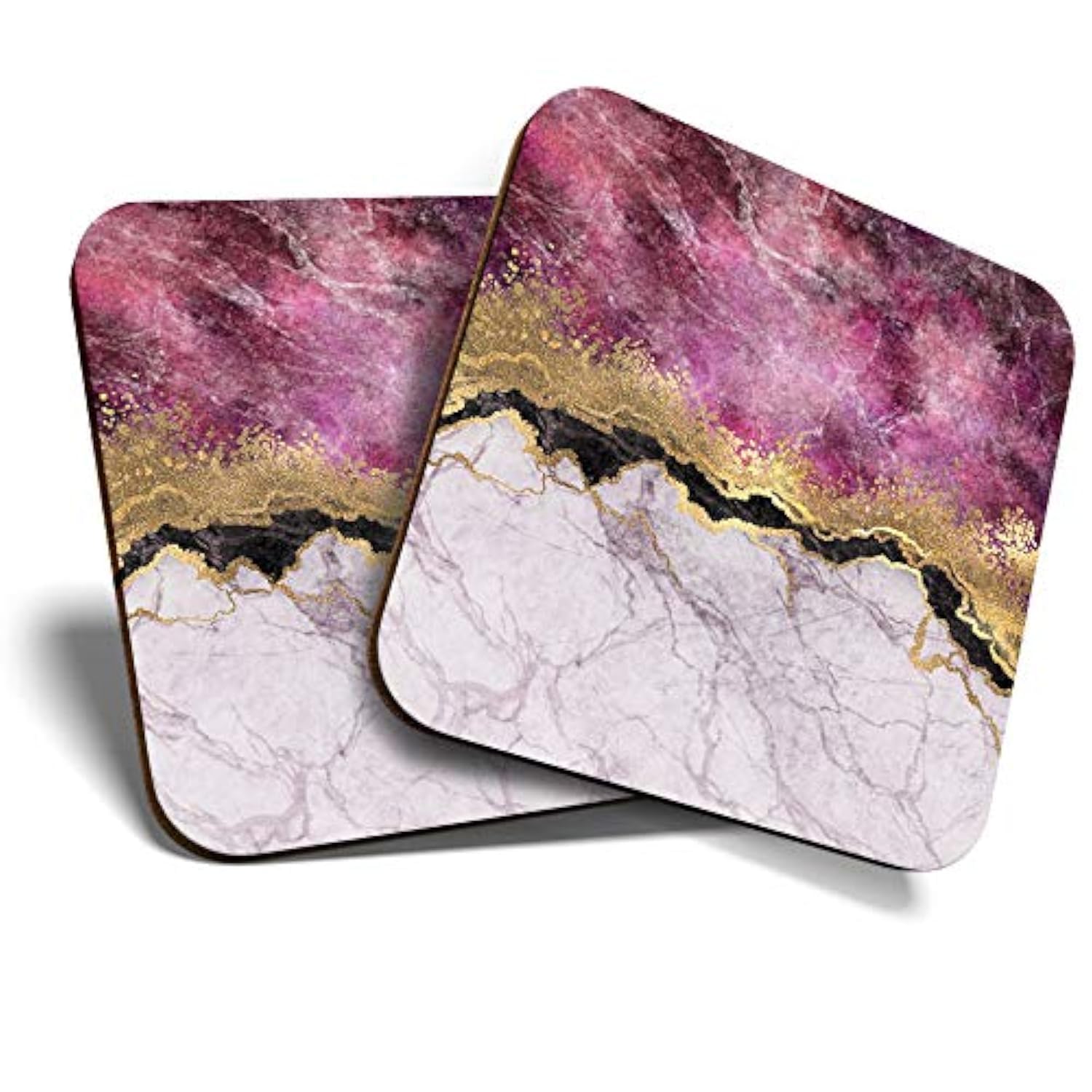 Great Coasters (Set of 2) Square/Glossy Quality Coasters/Tabletop Protection for Any Table Type - Marble Effect Rock Grey Gold Black #24016