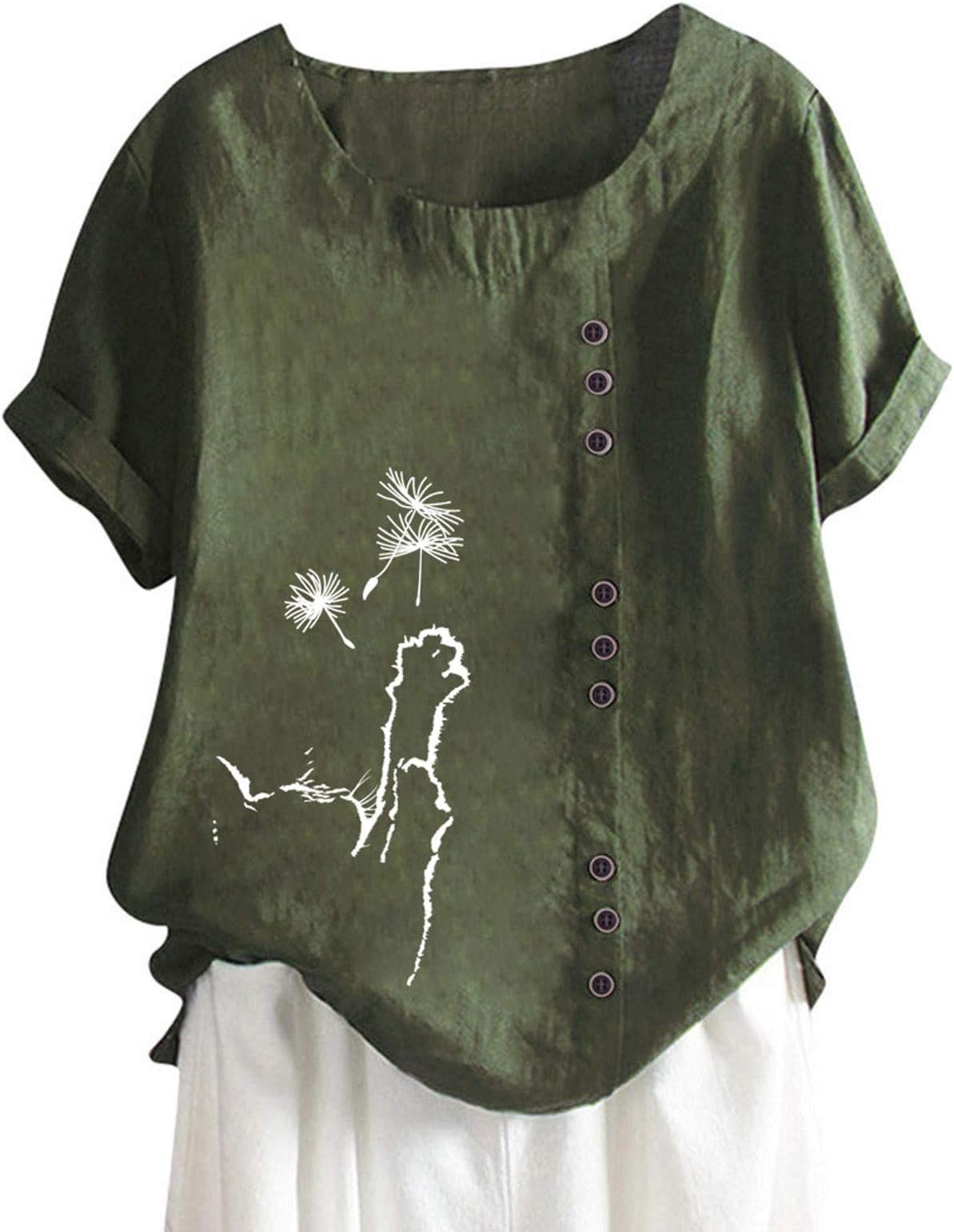 Womens Casual Long/Short Sleeve Tops Loose Pleated Tunic Shirts Ladies Casual Plus Size O-Neck Printed Loose Button Tunic Shirt Blouse Tops UK Size S-5XL