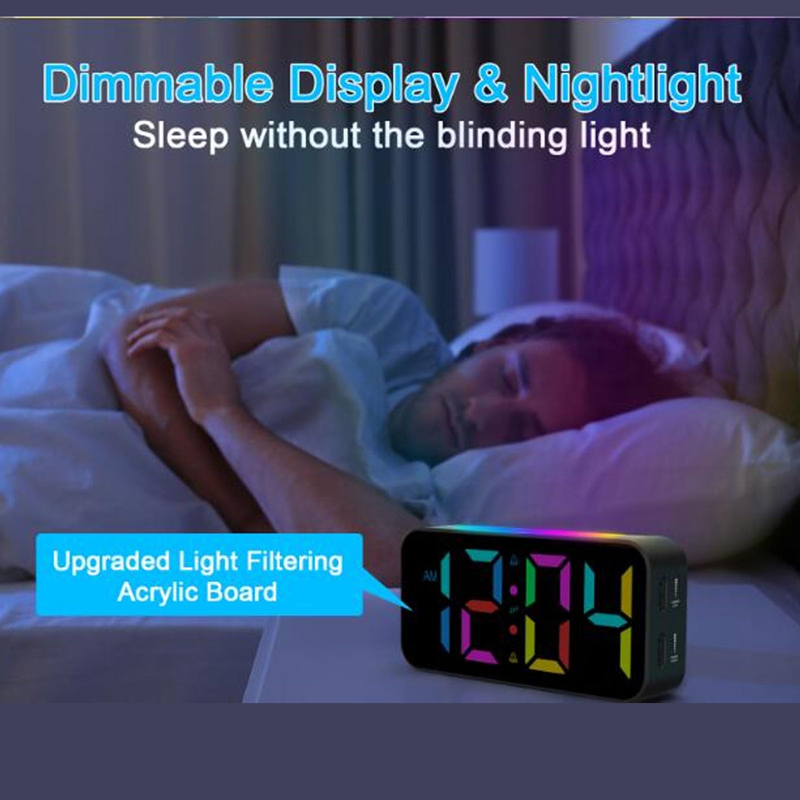 Reloj Despertador Vibratorio con Números Grandes con Pantalla RGB Puerto de Carga USB Reloj Despertador Dual Ruidoso de 100 DB para Personas Mayores con Discapacidad Auditiva Pantalla LED