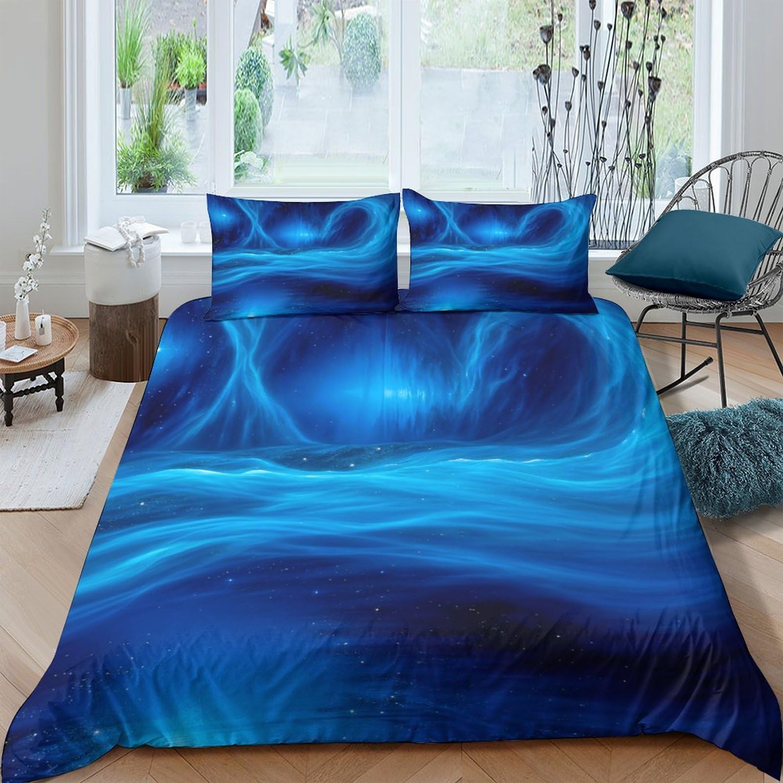 Ctjqhvkz Style-8 3D Printed Blue Aurora Fitted Sheet Microfiber Soft Gradient Wave Mattress Cover For Bedroom Dorm Mattress Protection Decor Single（135X200cm）
