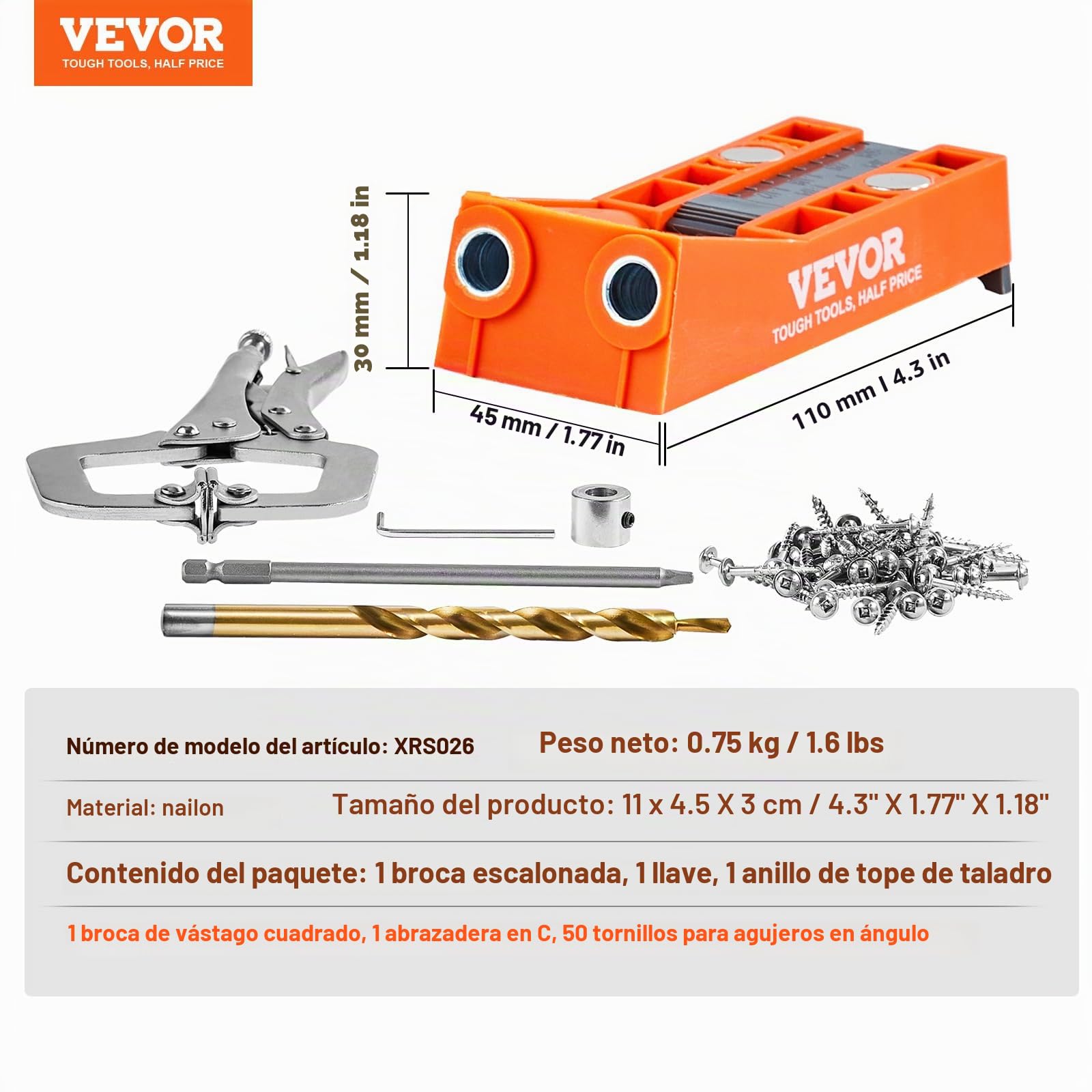 VEVOR Kit de 50 piezas para Taladrar Agujeros Dobles con Broca Cuadrada y Abrazaderas en C para Clavijas Plantilla para Taladrar Agujeros y Agujeros en Ángulo, para Taladrar para Trabajar Madera