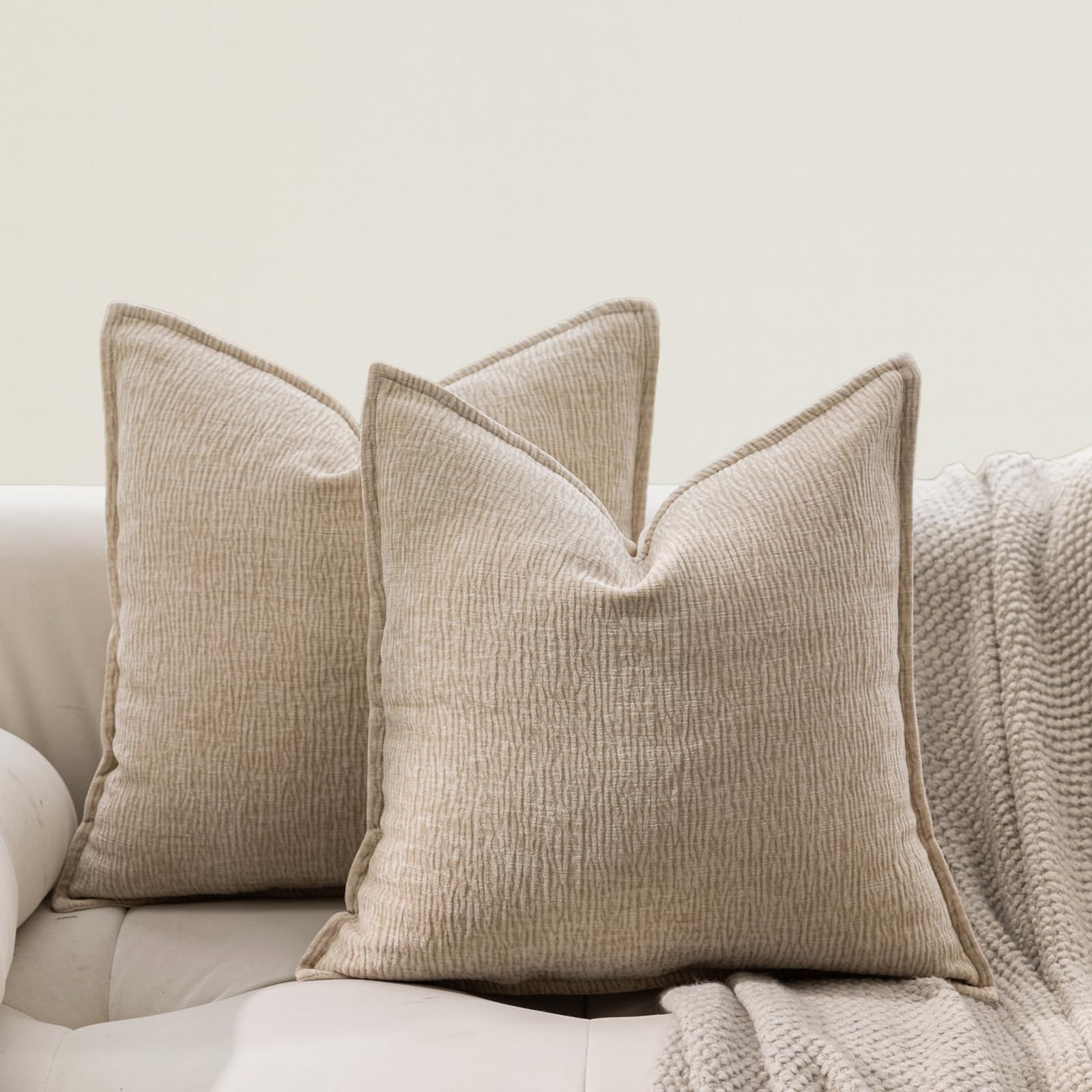 DWR Decorative Throw Pillow Covers Set of 2 20x20 Crinkled Chenille Textured Cushion Covers for Couch Sofa or