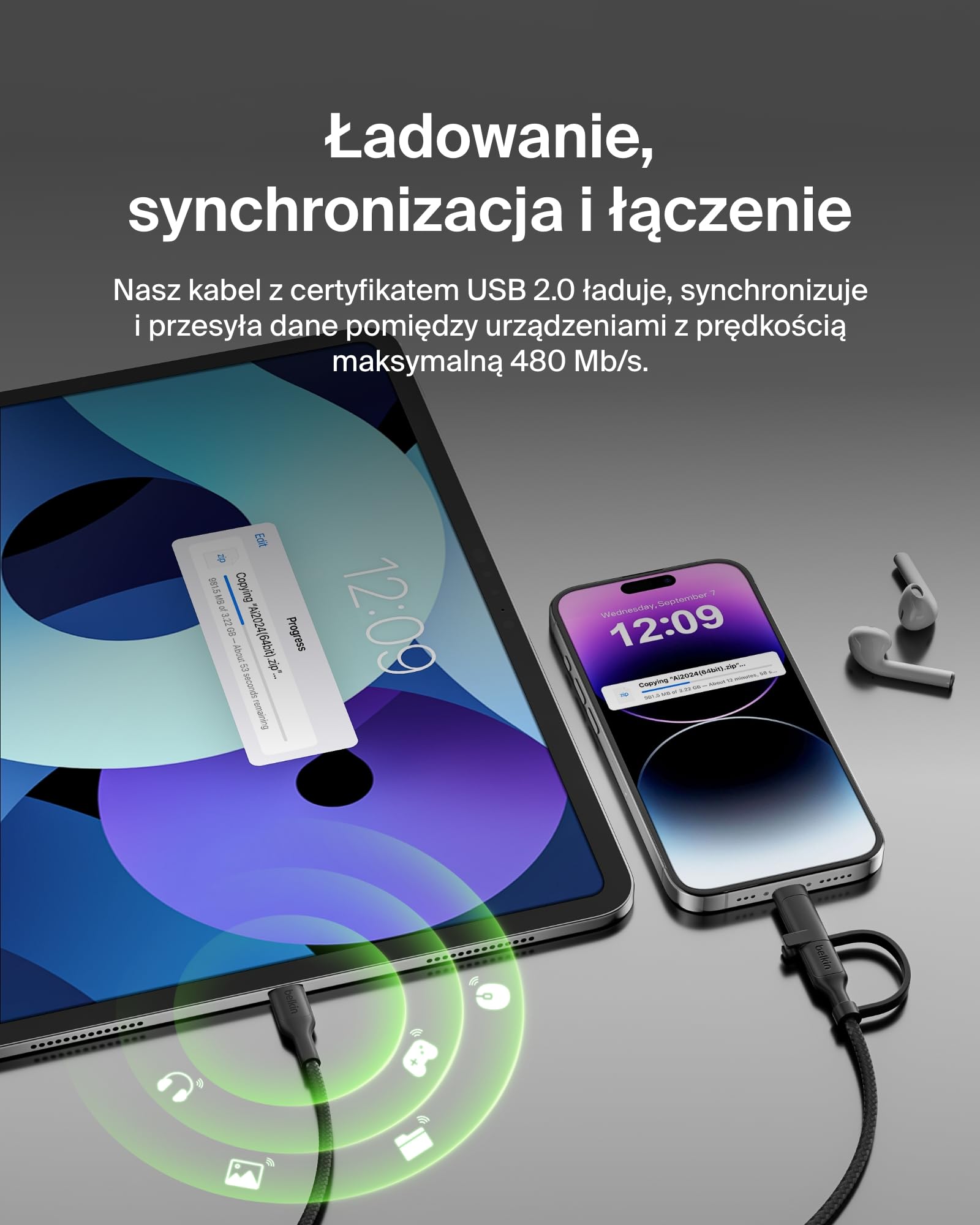 Belkin kabel do ładowania 2 w 1 ze złączami USB-C i Lightning – kabel w oplocie do szybkiego ładowania z USB-C na USB-C i Lightning, do ładowania urządzeń Apple iPhone, iPad, Samsung i innych – czarny