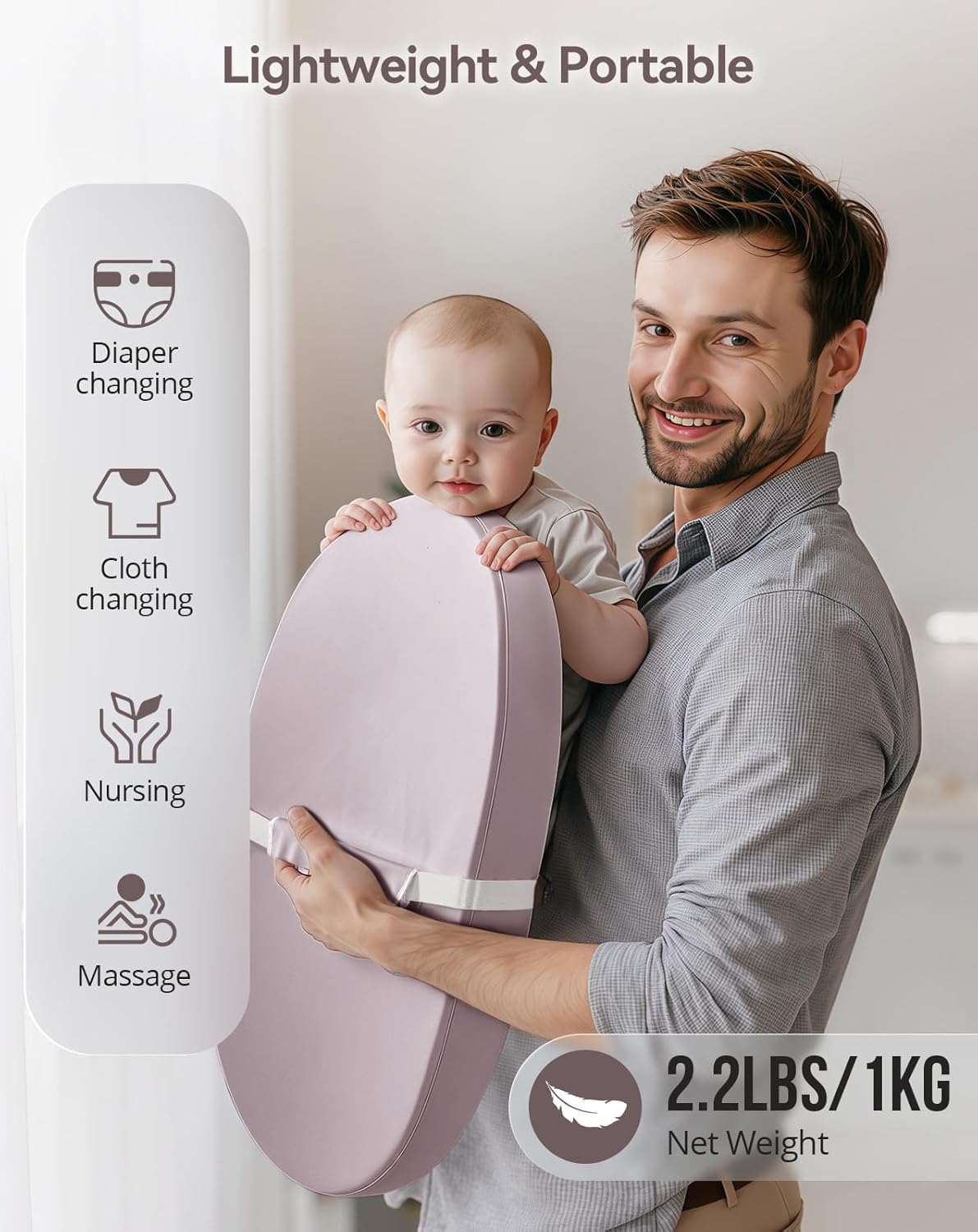 COMOMY Baby Changing Pad with Wipeable & Waterproof PU Cover, Contoured Diaper Changing Pad for Dresser with Non-Slip Safety Belt, Portable and Lightweight, Large Cushioned Foam, Lavender