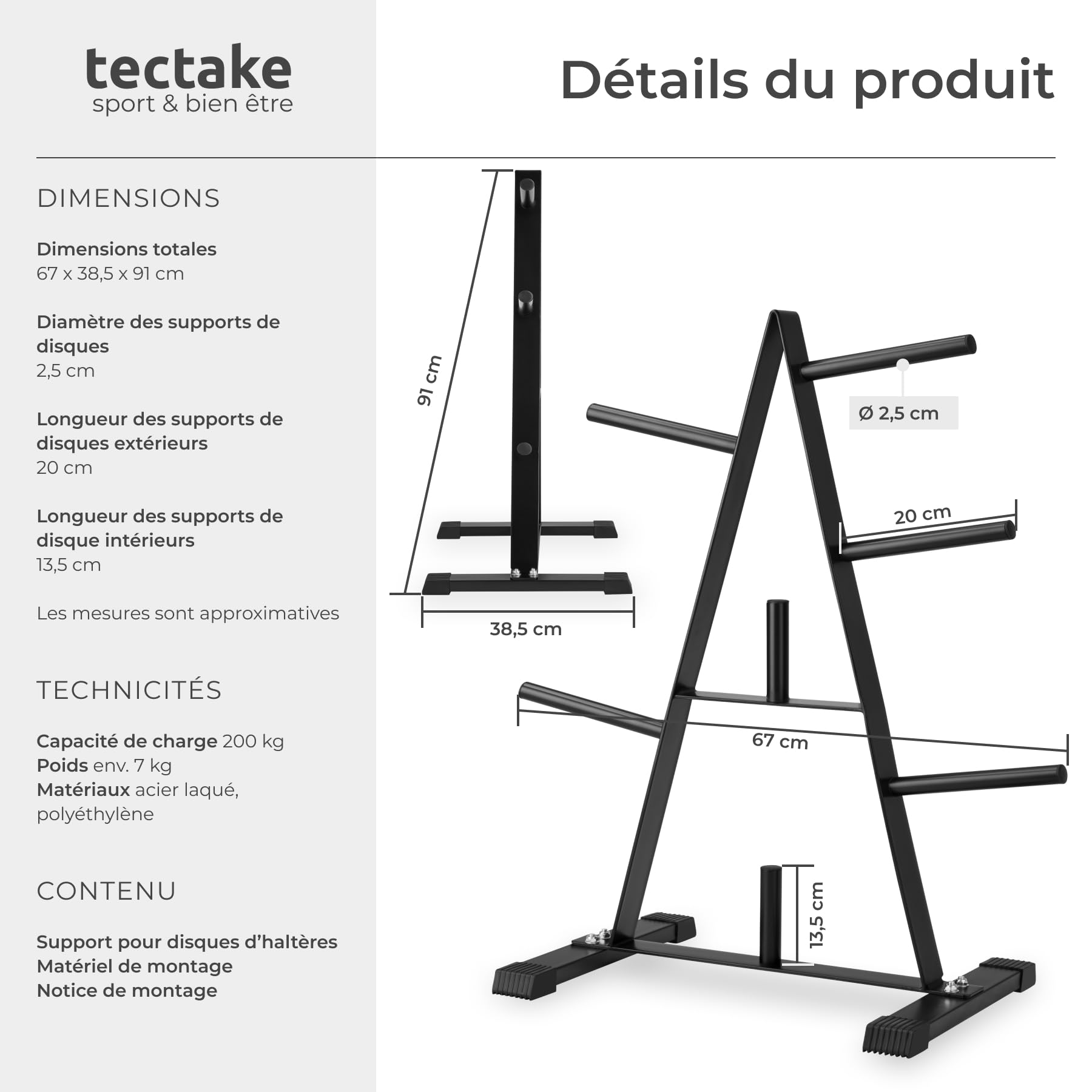 tectake® Rangement poids musculation, 67 x 38,5 x 91 cm, 7 Branches pour disque musculation, Grande capacité et bonne stabilité, Rack en acier, Embouts protection sol, Home gym, Salle de sport