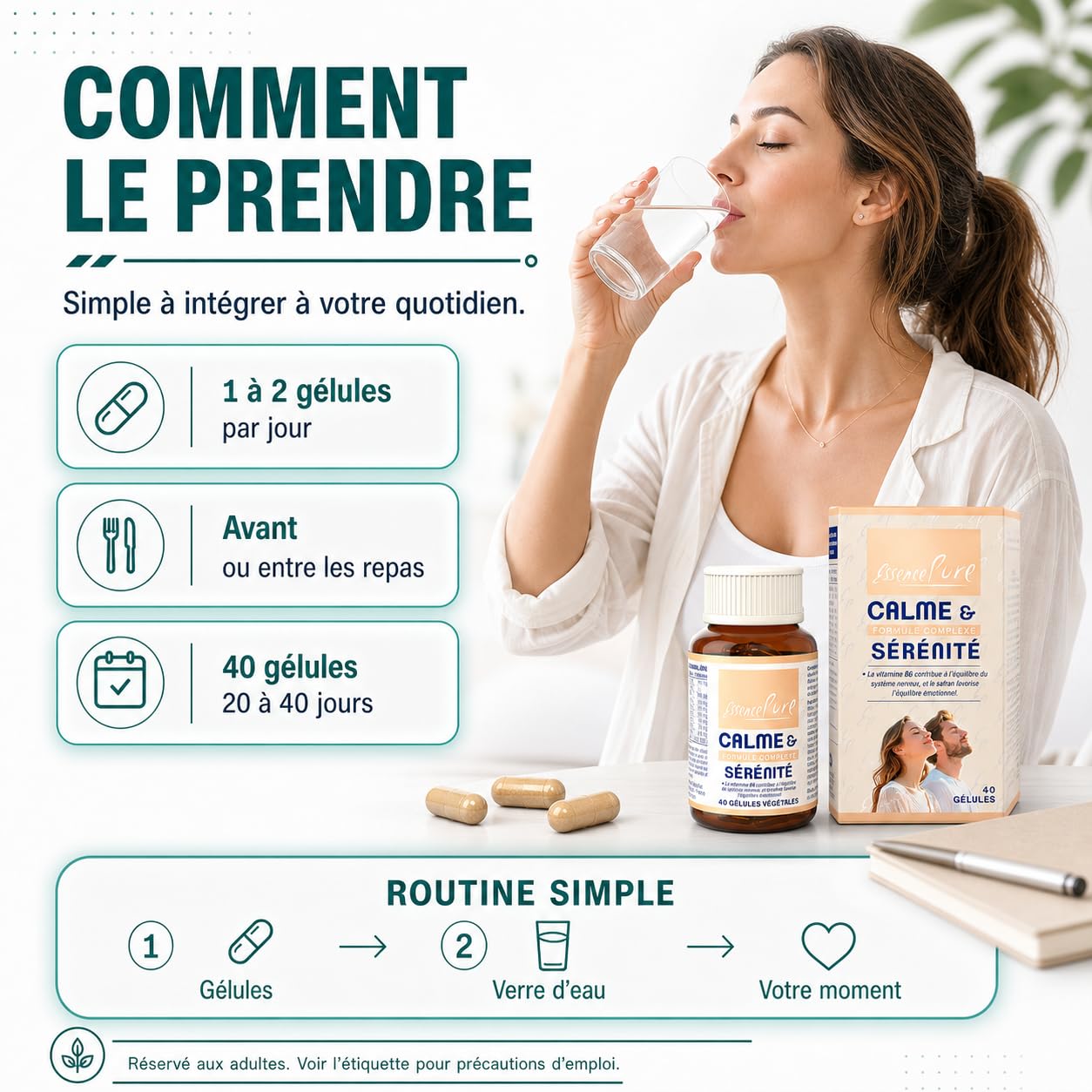 Calme & Sérénité | Ashwagandha + Safran + Griffonia 5-HTP + Rhodiola + Mélisse - Stress Anxiété Angoisse | 40 Gélules Végétales - Essence Pure Api-Nature