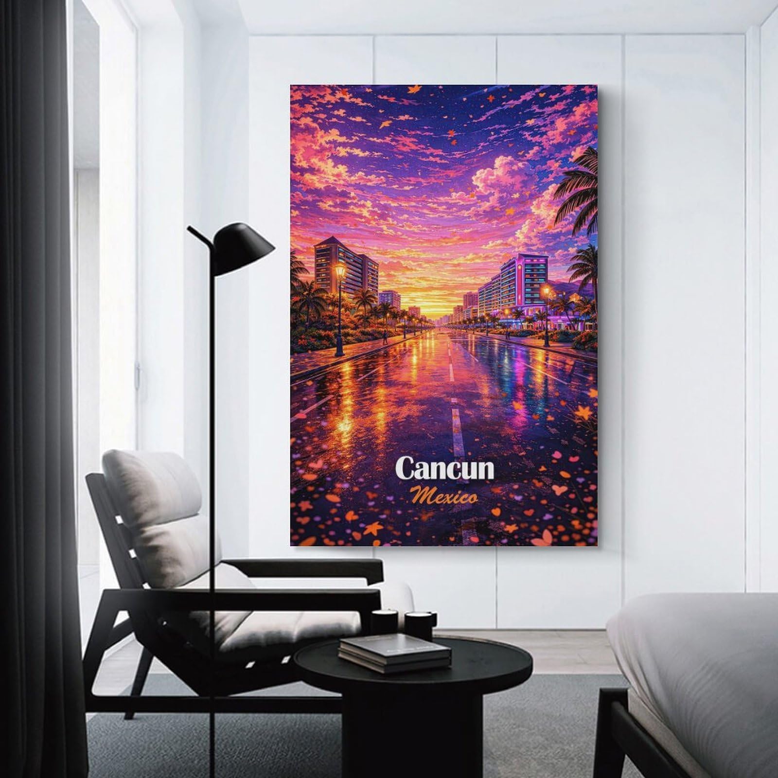 Junmoney Hanging Wall Art Cancun Mexico Sunset Street Scene, 24x36inch(60x90cm), for Wall Displays, Bedrooms Or Room Updates, Decorative Artwork with Flexible Styling