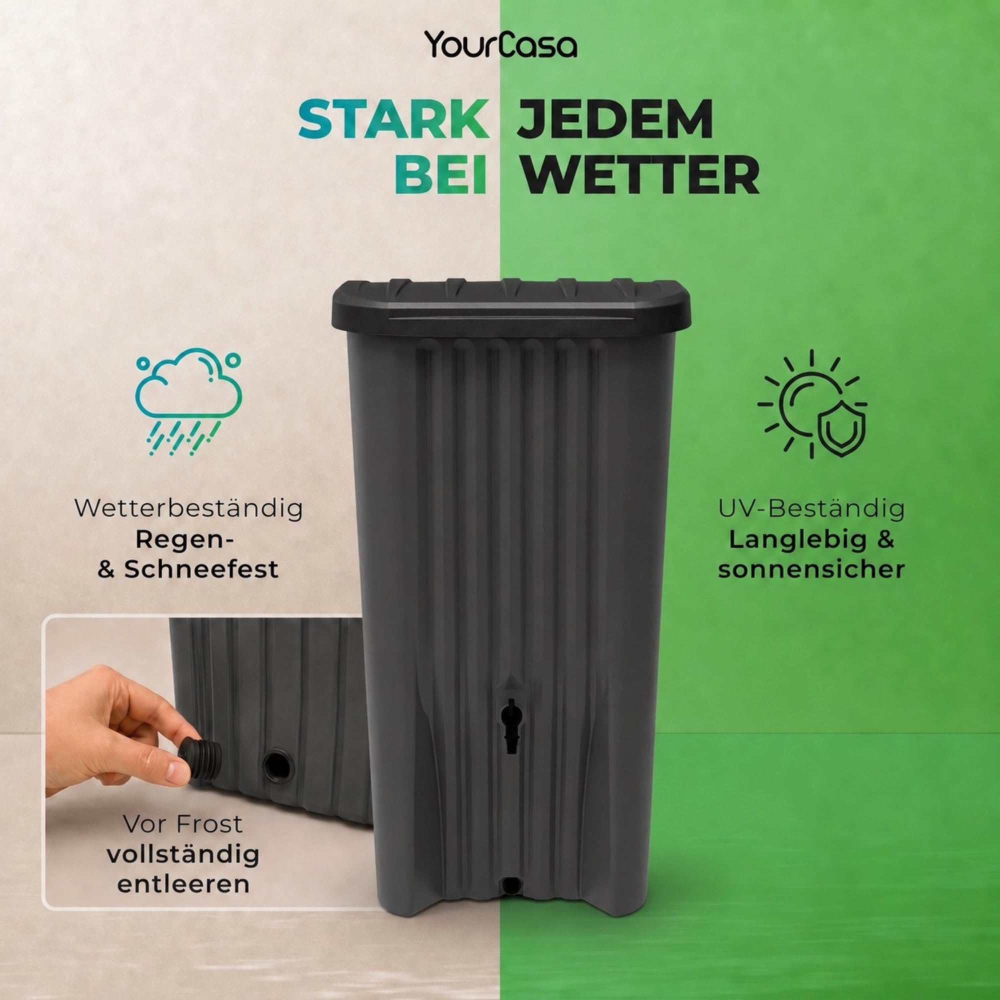 YourCasa Regentonne Cascade 150 Liter | Schmal & Platzsparend | Regenwassertonne mit integriertem Hahn | Anthrazit | Made in France
