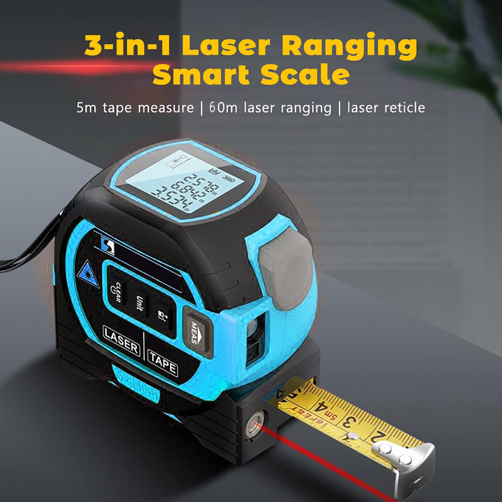Distancemètre Numérique, 60 M/5 M Mètre Ruban Numérique Portable 2 en 1 avec Écran LCD Anti-Chute Et Ligne De Repère Croisé, Crochet Magnétique Et Interrupteur Anti-Erreur pour Mesurer