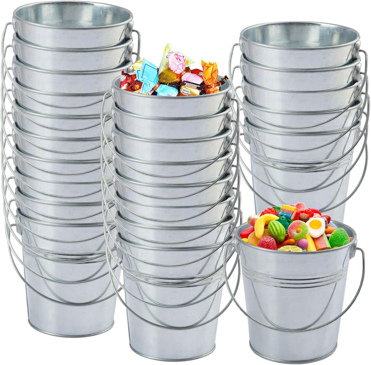 25 PCS 4.1 inch Galvanized Mini Tin Buckets, Silver Metal Buckets with Handles for DIY, Party, Holiday Decor & Candy Servers