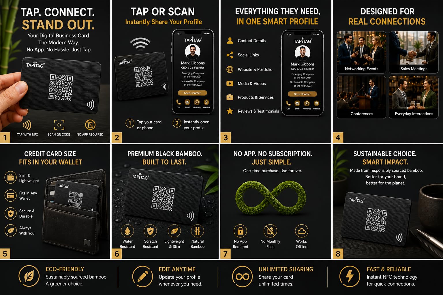 TAPiTAG Tarjeta de Visita Digital de Madera – Sin Suscripción – Tarjeta Contactless con NFC, Código QR y Perfil Online para Networking y Eventos Profesionales
