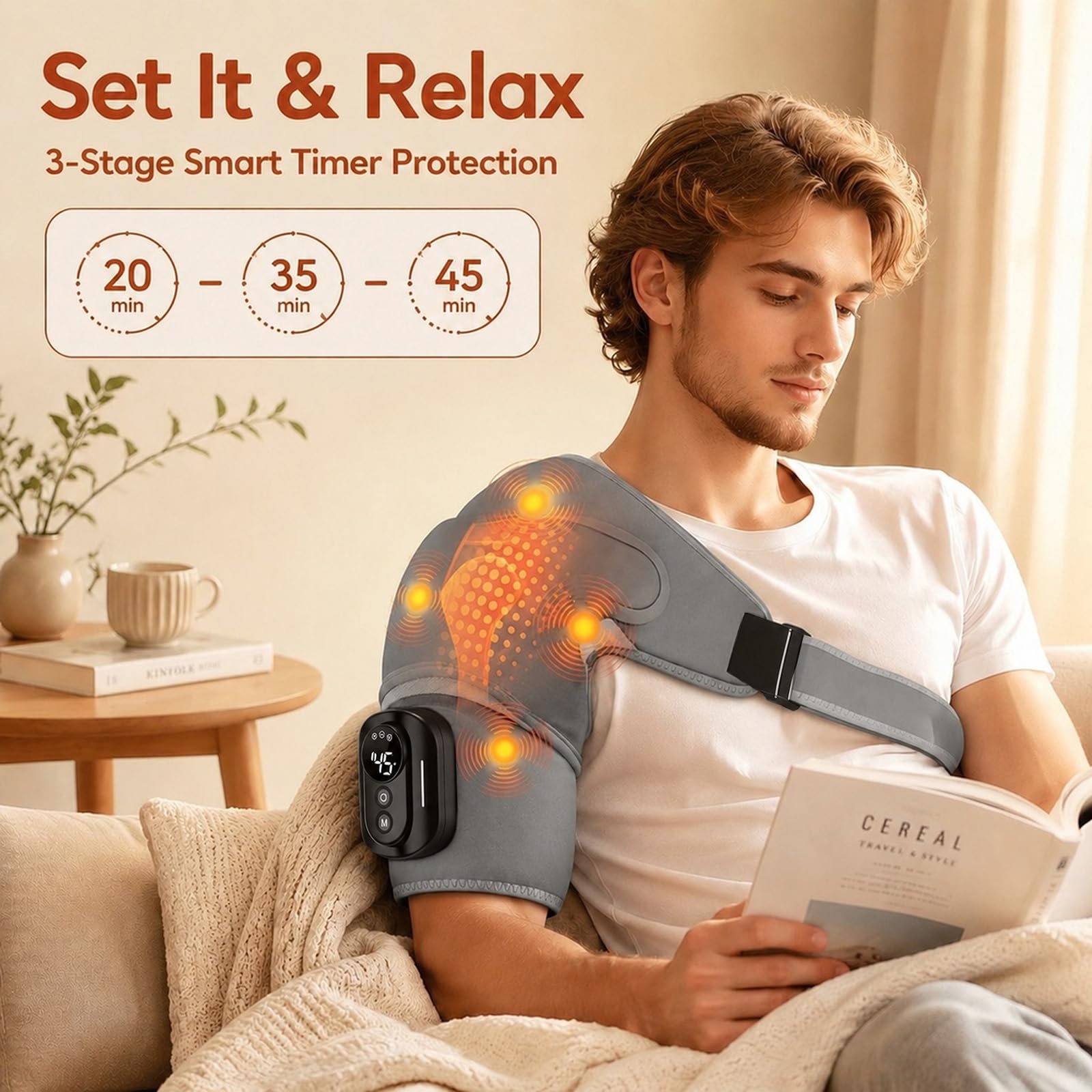 Masajeador de hombros y almohadilla térmica de hombro con masaje, dispositivo de masaje de hombros con calor, con 5 niveles de calentamiento y 5 modos de vibración, batería de 5000 mAh para un