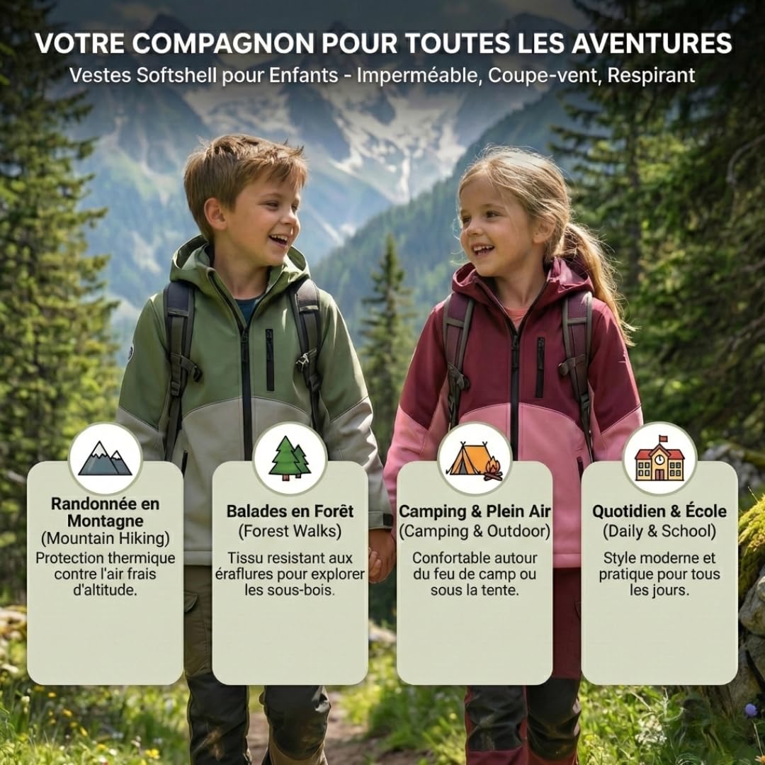 Veste softshell coupe‑vent imperméable avec capuche pour enfants filles et garçons, Doublure en polaire pour printemps automne en plein air. Matière Imperméabilité de 5000mm sans PFC.