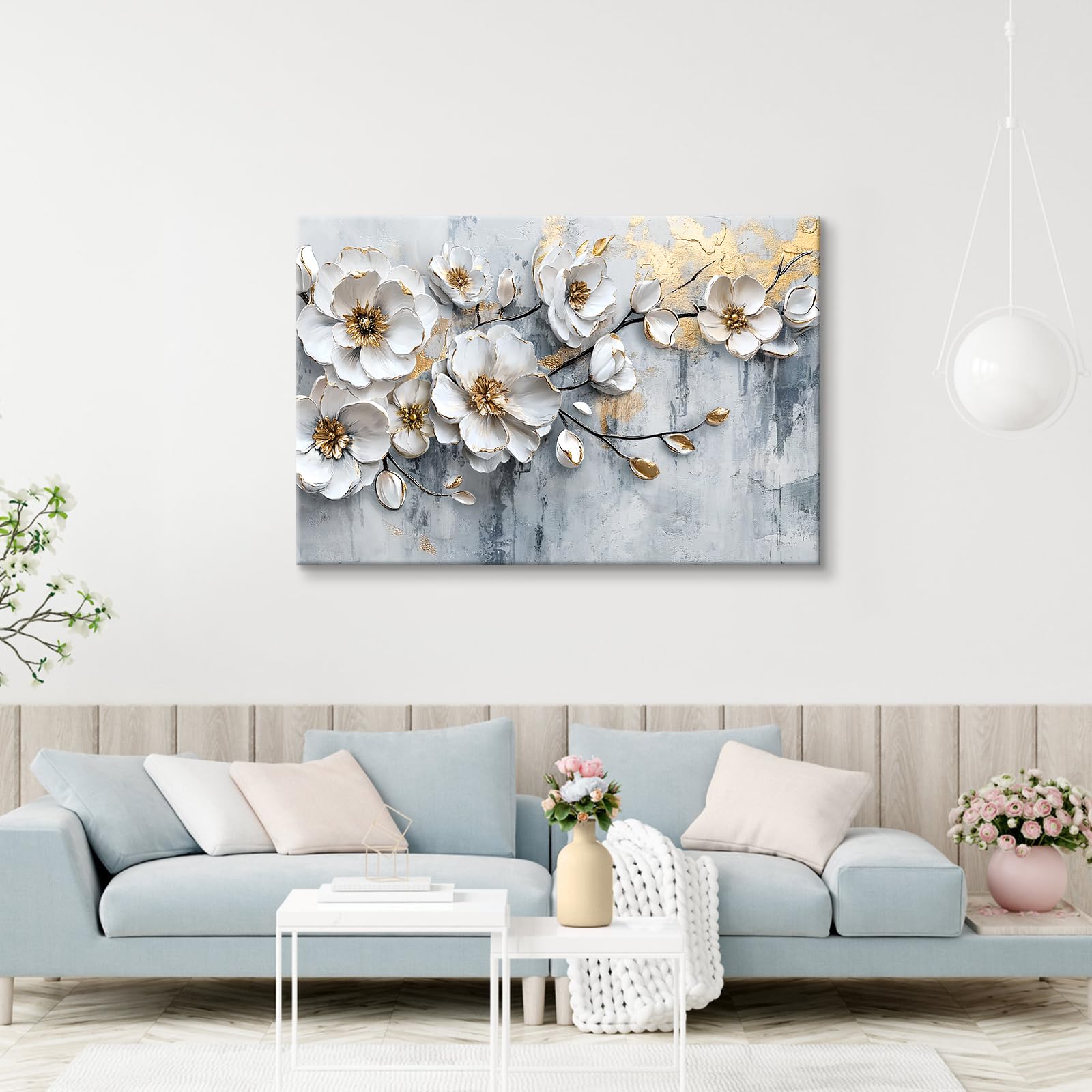 WENGTIAO Stampa su Tela Peonia Bianca Floreale Incorniciato Grande Quadro su Tela Estetica Fiori Bianchi Pittura Quadri Moderni Soggiorno Camera da Letto Casa Decorativo Parete 120x80 cm