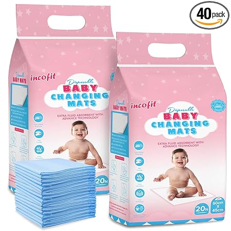 Incofit Baby Disposable Underpad | Changing Mats | Changing Pads | Baby Waterproof Pads | Waterproof Diaper | Breathable Underpads | Bed Protector With 100% Water Proof Non Slip Back Sheet -Size : 60 Cm * 45 Cm - PACK OF 2 ( 40 COUNTS )