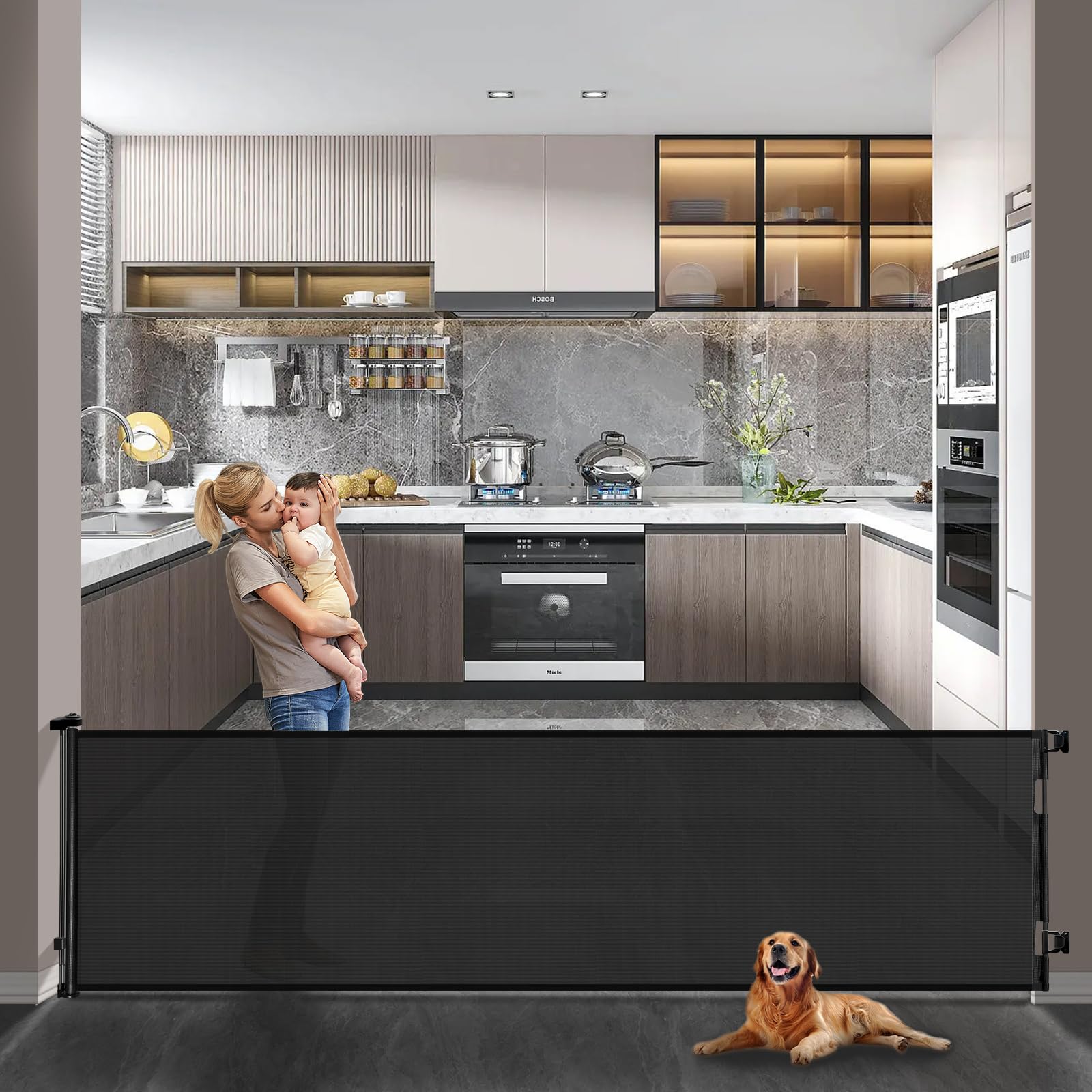 Retraktierbares Sicherheitsgitter für Babys & Haustiere – Extra Breit & Hoch, 0-300CM Türschutzgitter für Treppen, Türen, Innen- & Außenbereich, Einfache Einhand-Bedienung,schwarz