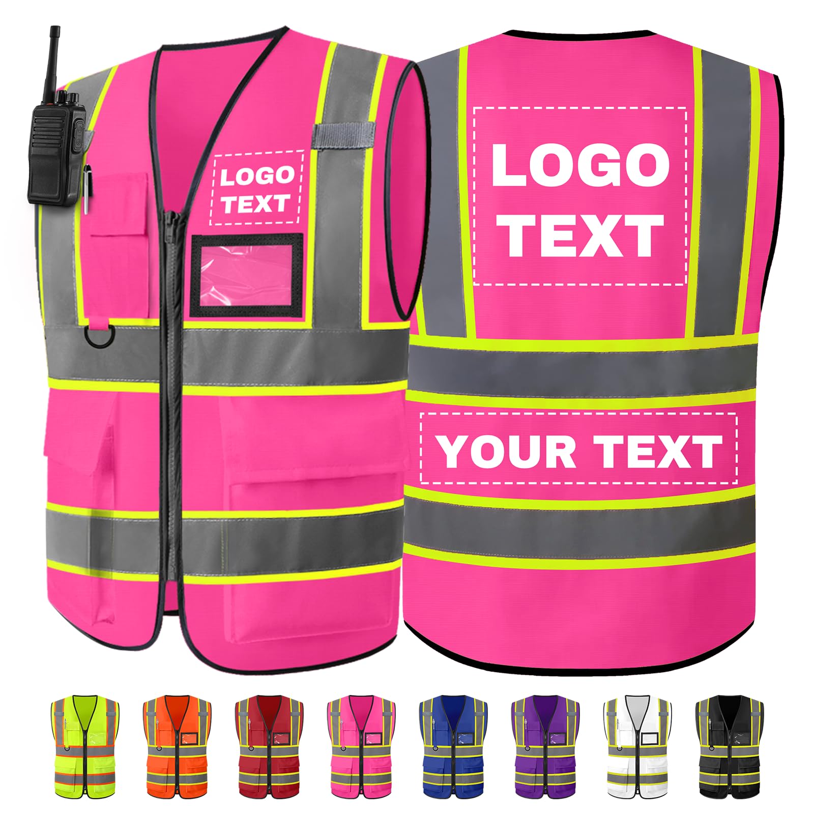 Personalised Safety Vest with Logo/Text Bulk Customised Reflective High Visibility Vest with 7 Pockets 2 Tone Workwear Vest Pink Medium — image 1