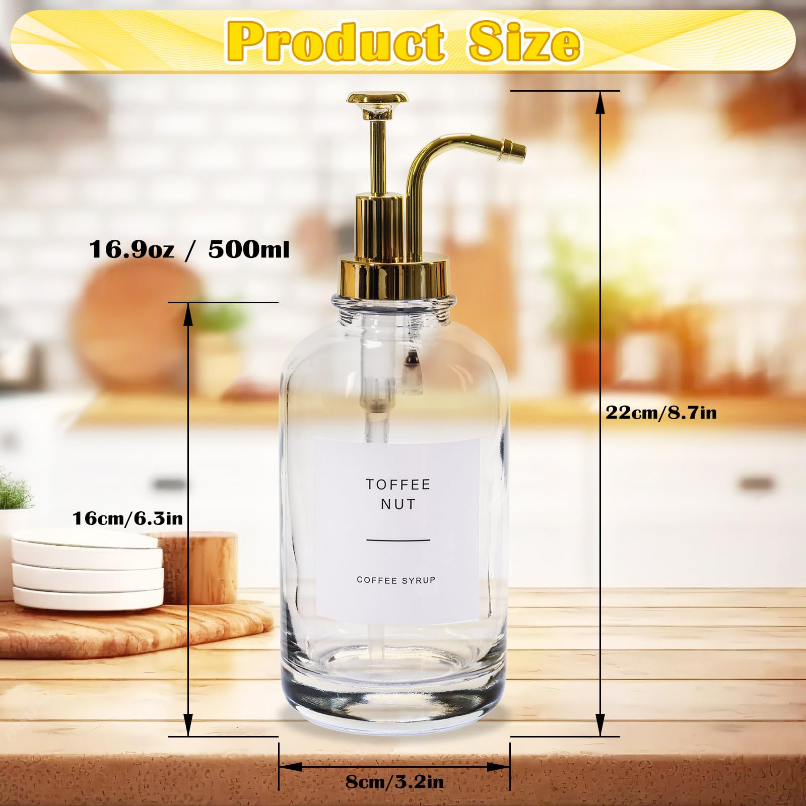 Set di dispenser per sciroppi da caffè, con pompa dorata, 2 bottiglie di sciroppo di vetro con 36 etichette e spazzola per bottiglie, imbuto, vassoio, 16,9 oz 500 ml